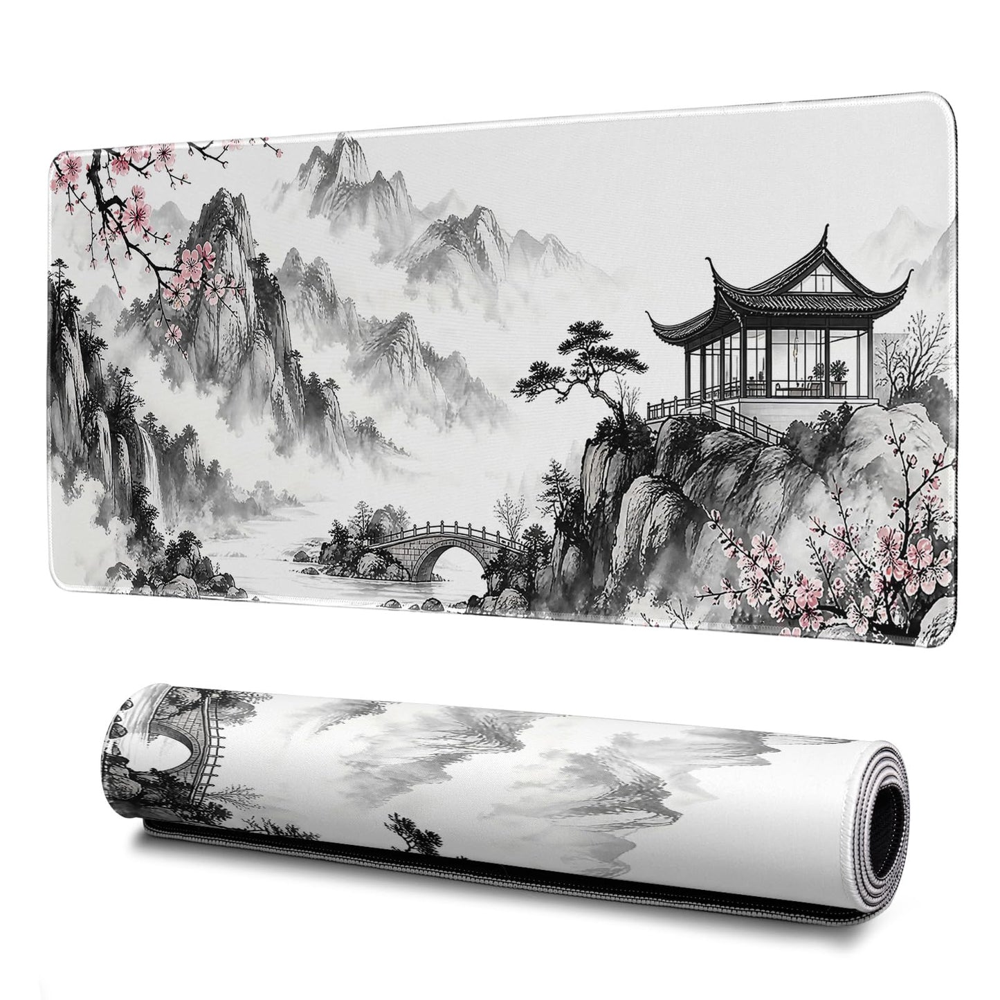 Japanese Black and White Cherry Blossoms Mouse Pad Abstract Mouse Pad 31.5x11.8 Inch Texture
