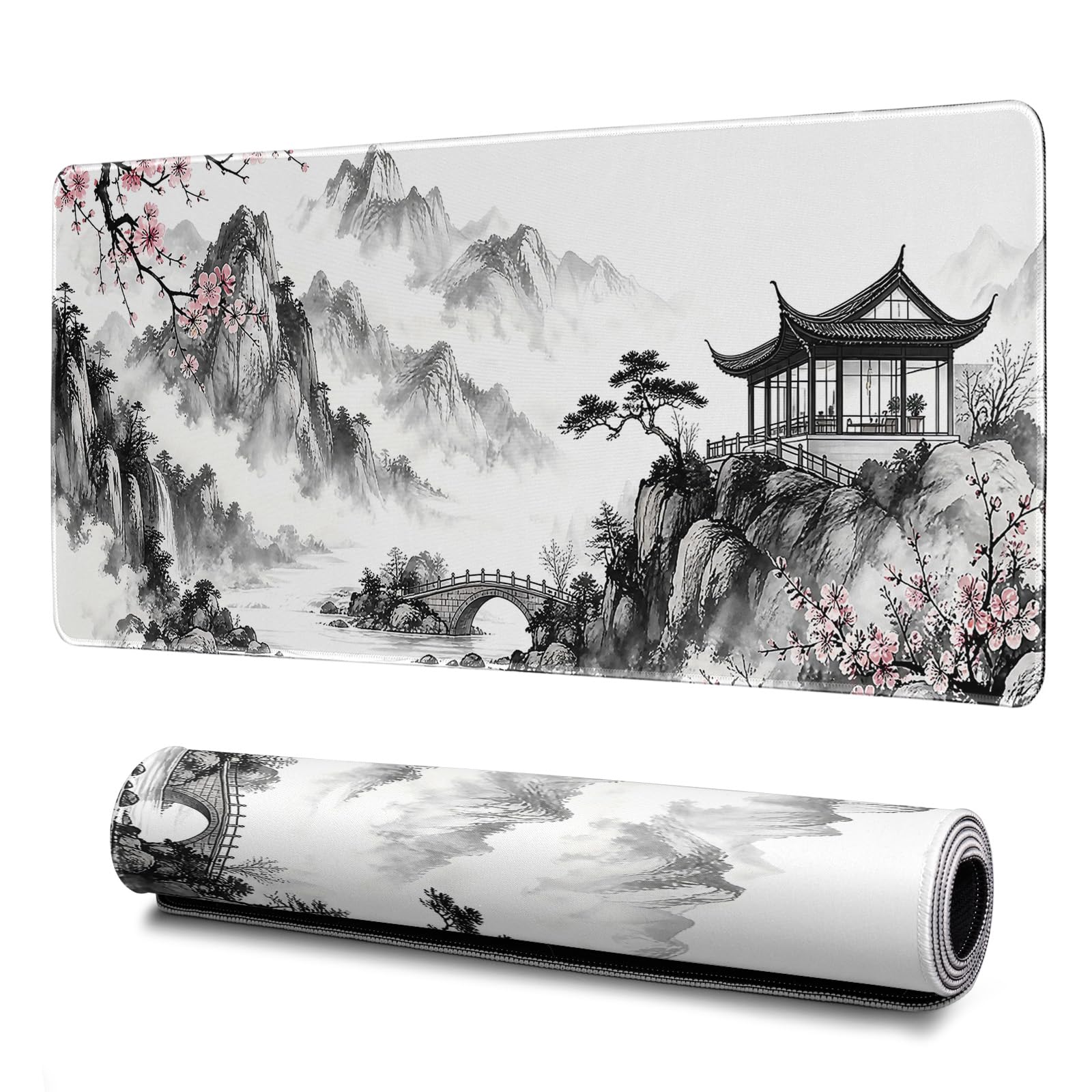Japanese Black and White Cherry Blossoms Mouse Pad Abstract Mouse Pad 31.5x11.8 Inch Texture