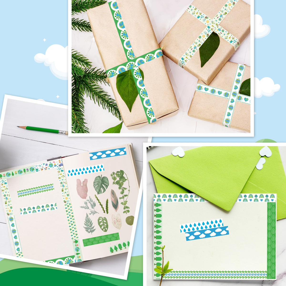 BkeeCten 12 Rolls Eco-Friendly Tree Raindrop Rainbow Scrapbook Washi Tape
