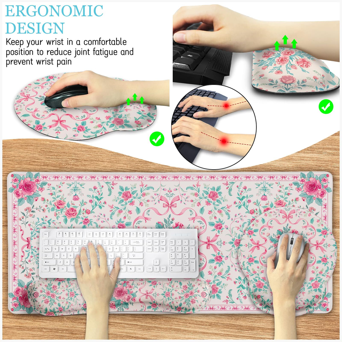 LIMKRIAN Pink Floral Desk Mat, Ergonomic Mouse Pad Set with Wrist Rest