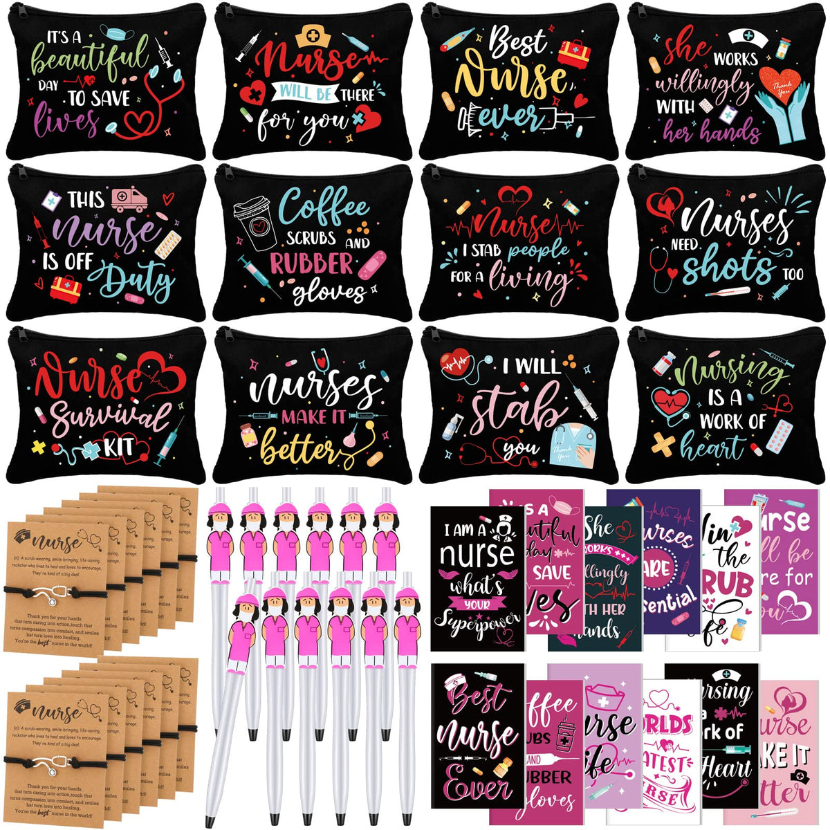 Sabary 48 Pcs Nurse Gifts Set for Women 12 Makeup Cosmetic Bag 12 Notebooks 12 Doctor Nurse