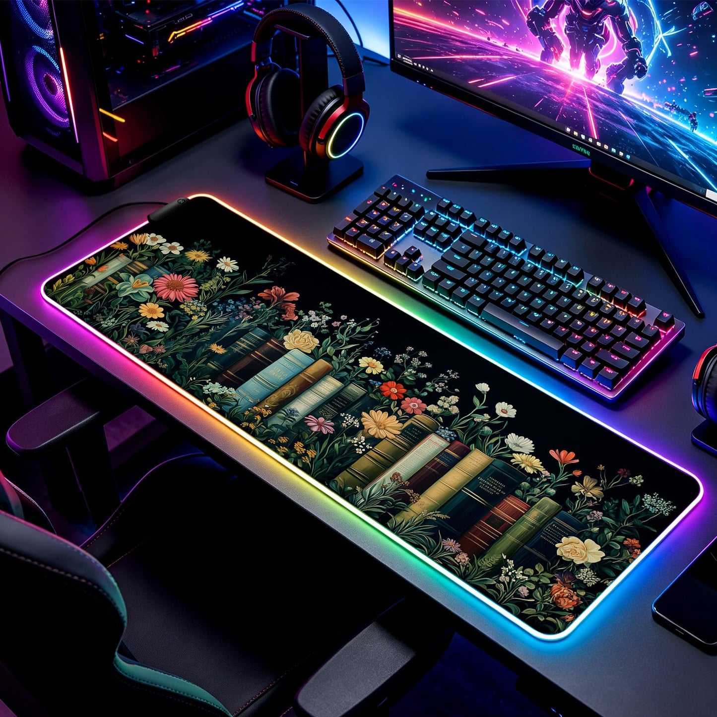 JIANG100 RGB Whimsical Wildflower Book Scene Gaming Desk Mat, XL Mouse Pad
