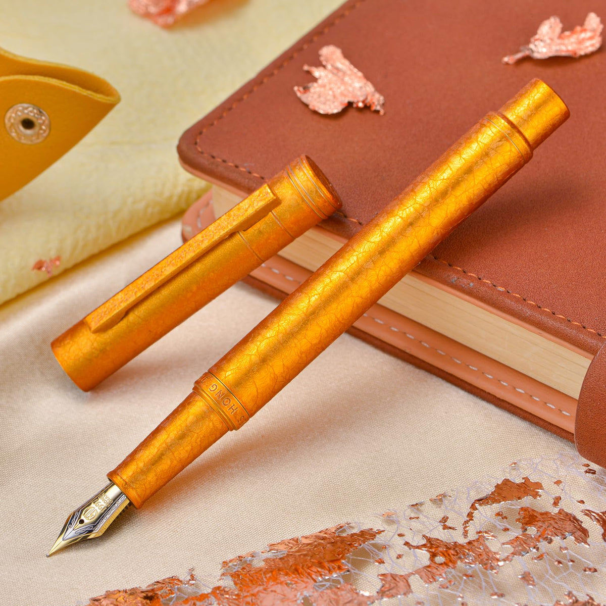 Hongdian 1851 Forest Fountain Pen Golden Ice Flowers, Fine Nib Classic Design with Converter and