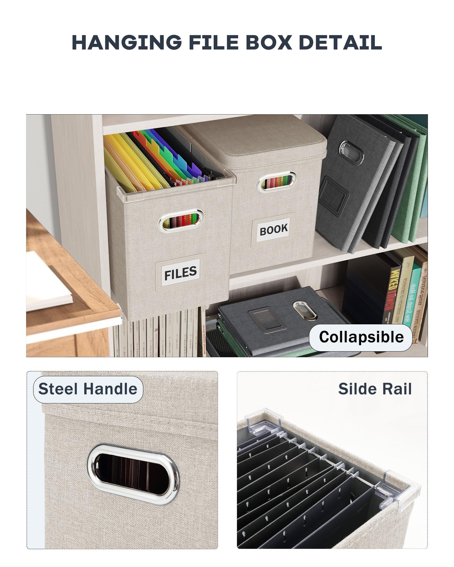 Oterri File Organizer Box with Lid, Hanging Filing File Box with Mesh Pocket, Document Organizer