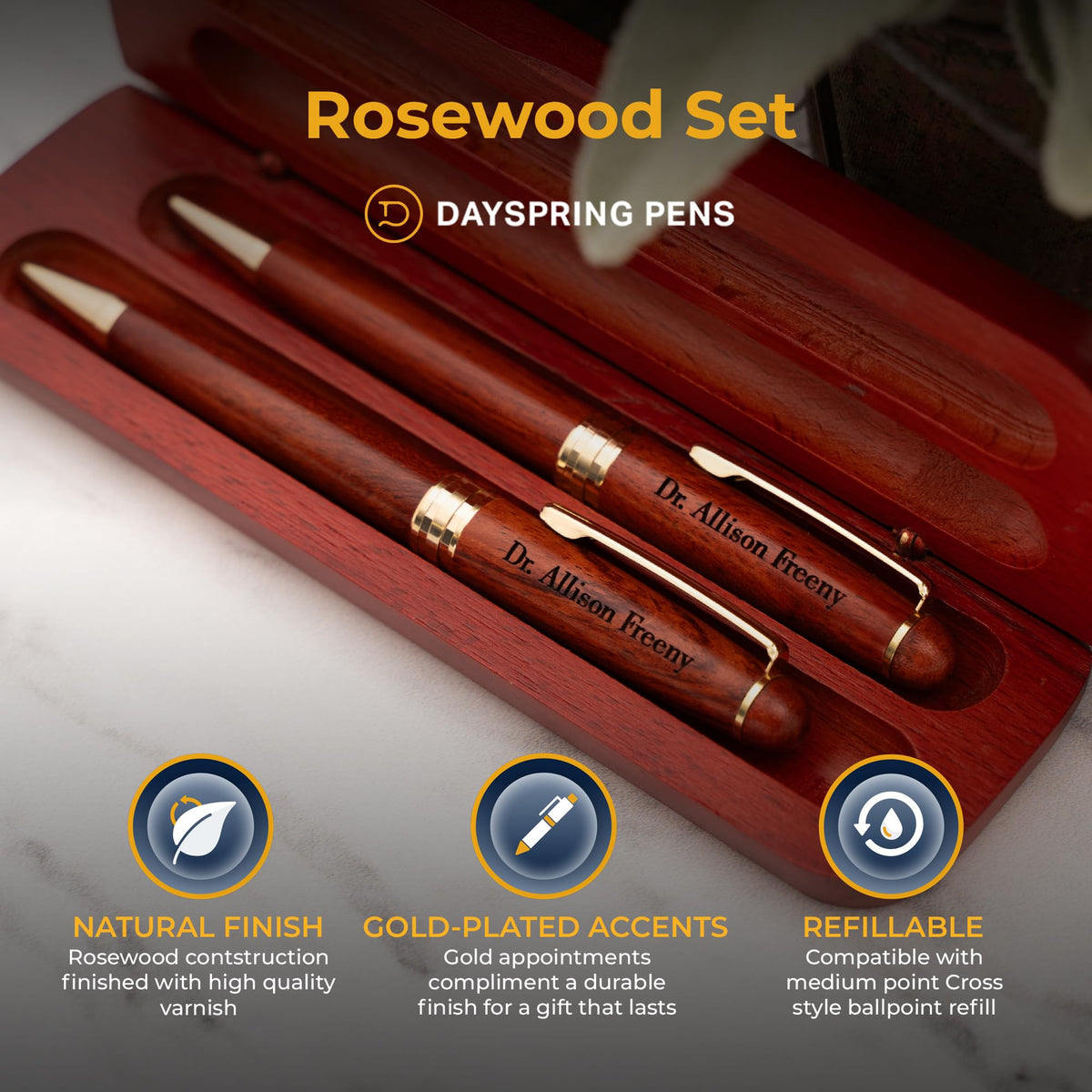Dayspring Pens Personalized Rosewood Ballpoint Pen & Pencil with Wood Case
