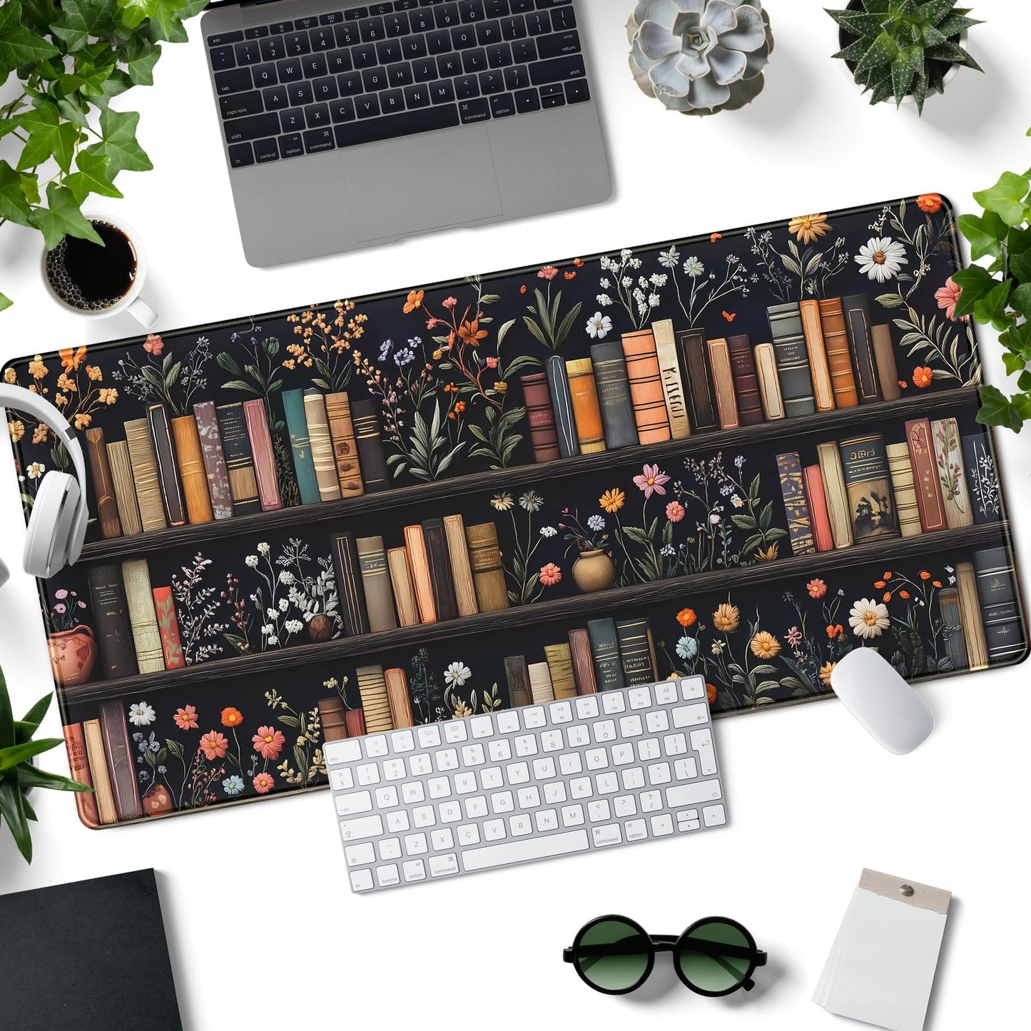 Bookish Desk Mat Floral Bookshelf Desk Pad Faux Embroidery Large Mouse Pad XXL Book Lovers Gift