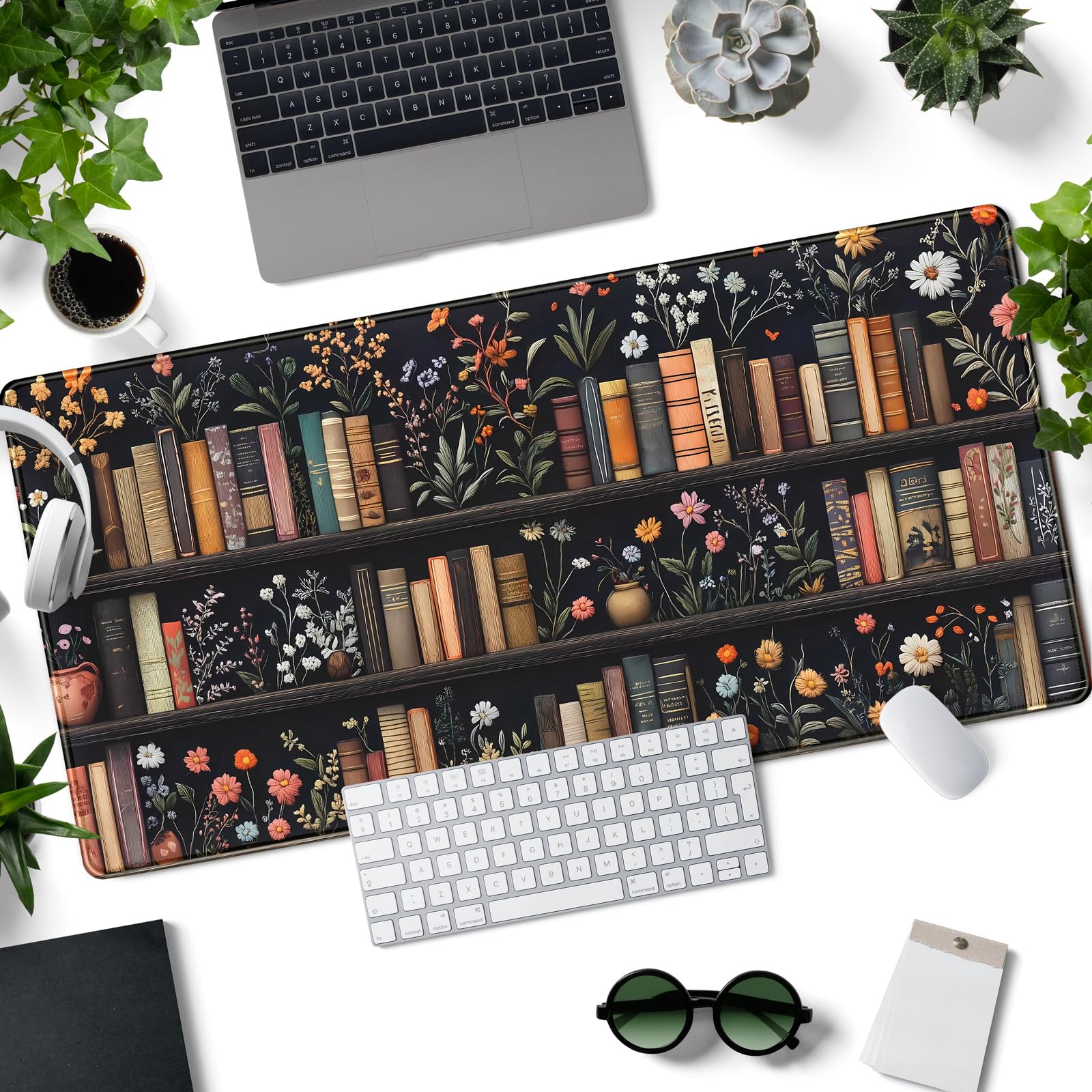 Bookish Desk Mat Floral Bookshelf Desk Pad Faux Embroidery Large Mouse Pad XXL Book Lovers Gift