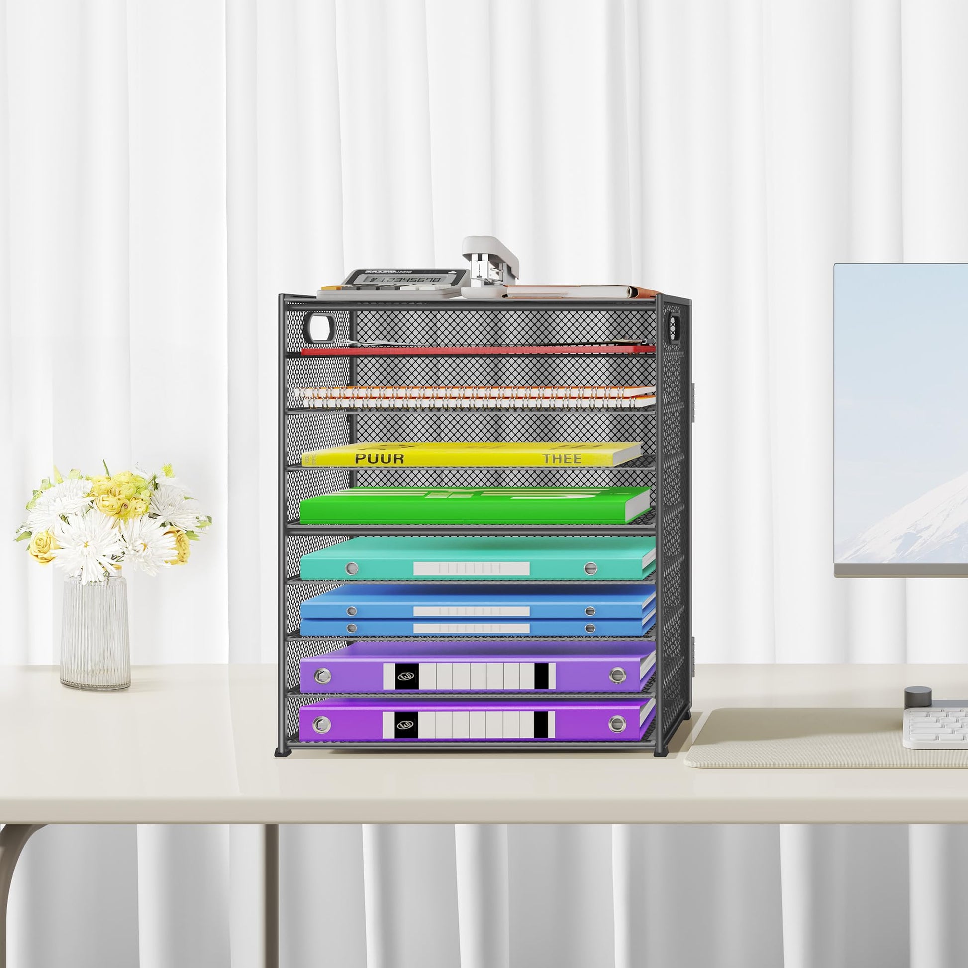 Cawukege 9 Tier Paper Organizer with Handle, 2 Pack Large Capacity Desk Organizer Mesh Paper Letter