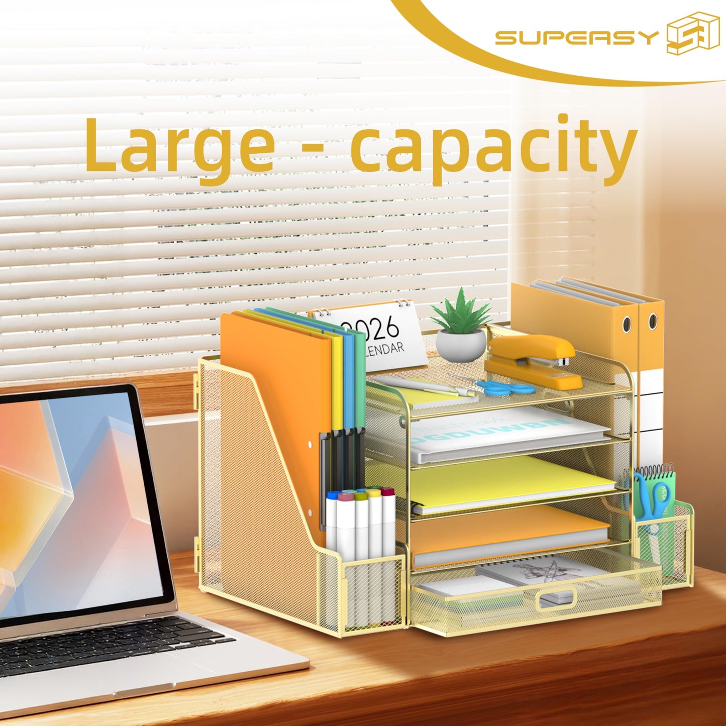 SUPEASY Mesh Desk Organizer with File Holder, 5-Tier Paper Letter Tray Organizer with Magazine