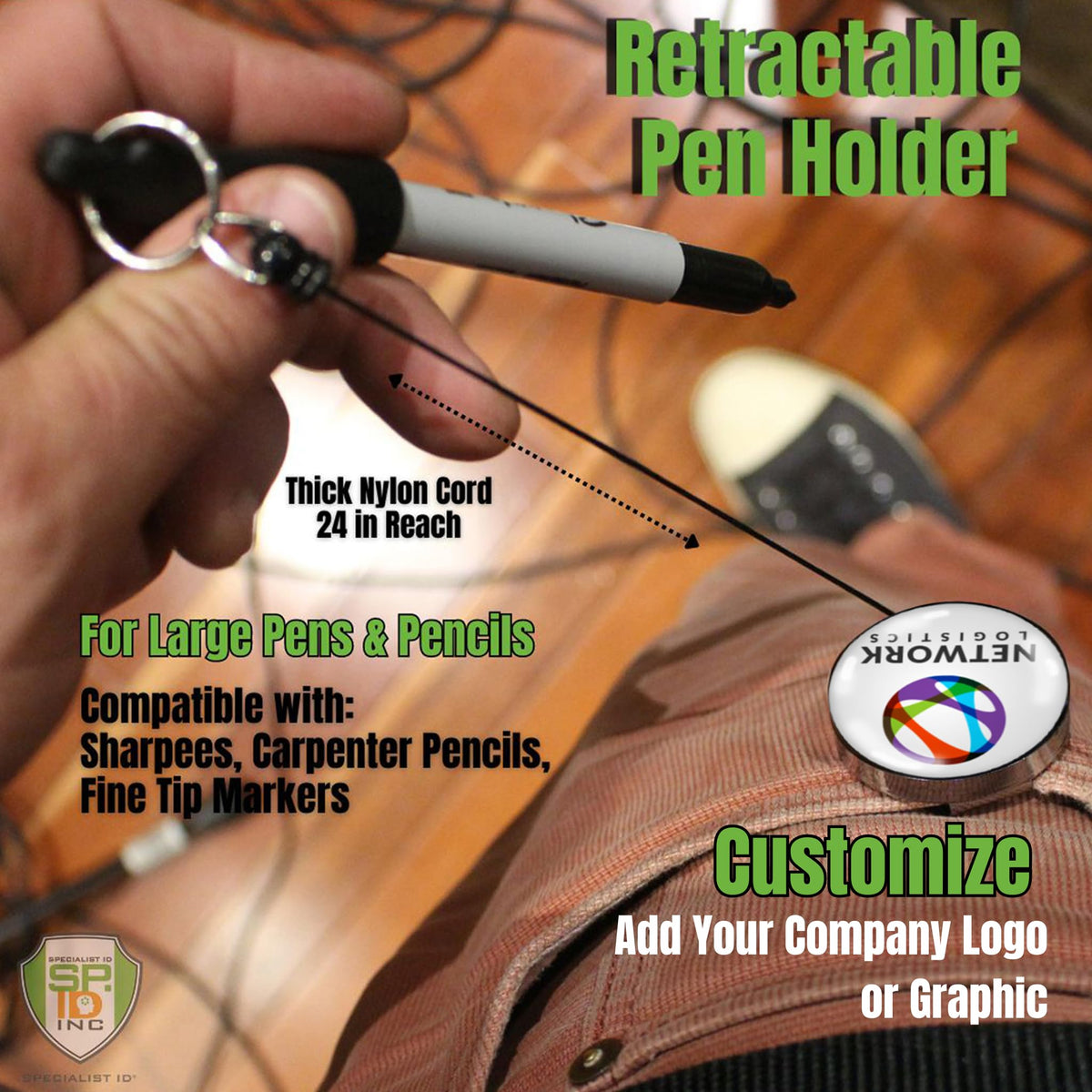 Specialist ID 5 Pack Custom Logo Retractable Pen Reel with Dome Label - Heavy Duty Personalized