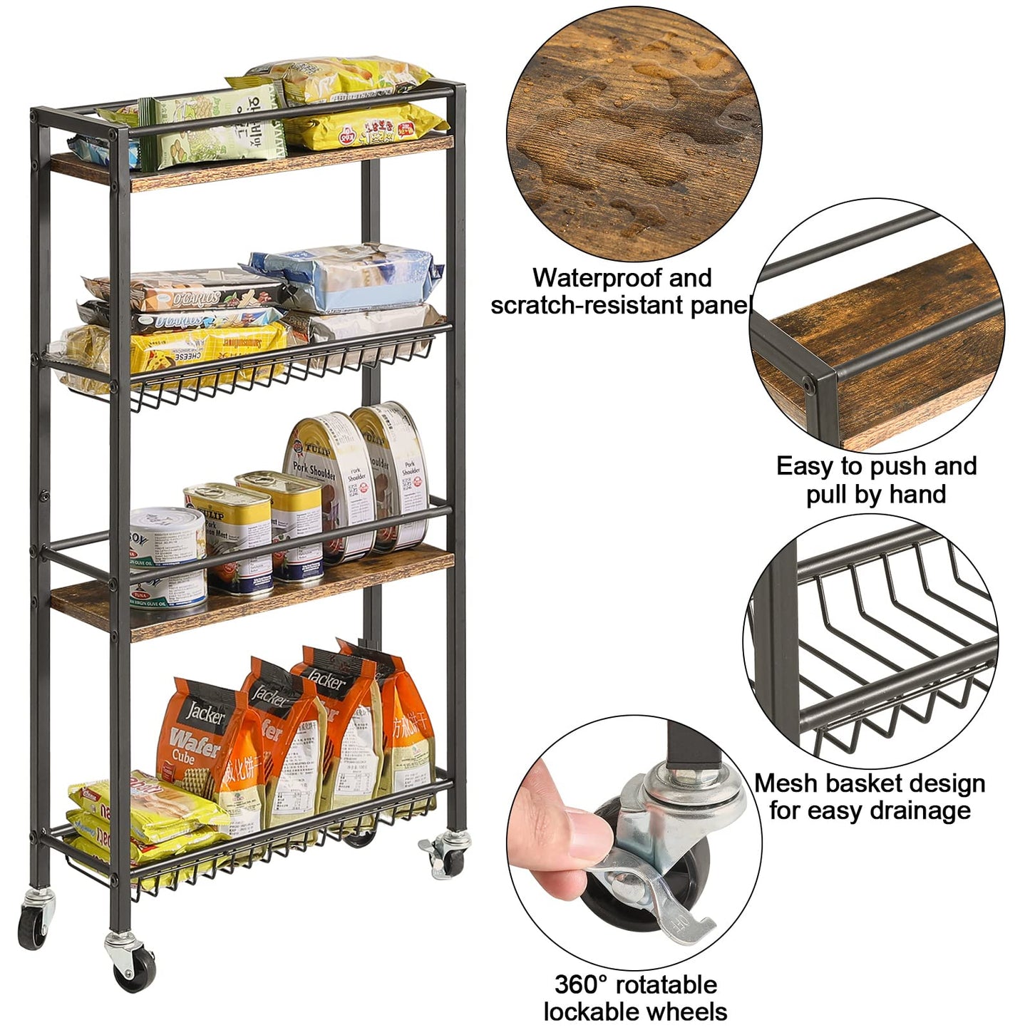 YMYNY Kitchen Storage Rolling Cart 4 Tier on Wheels Rustic Brown HBR002H