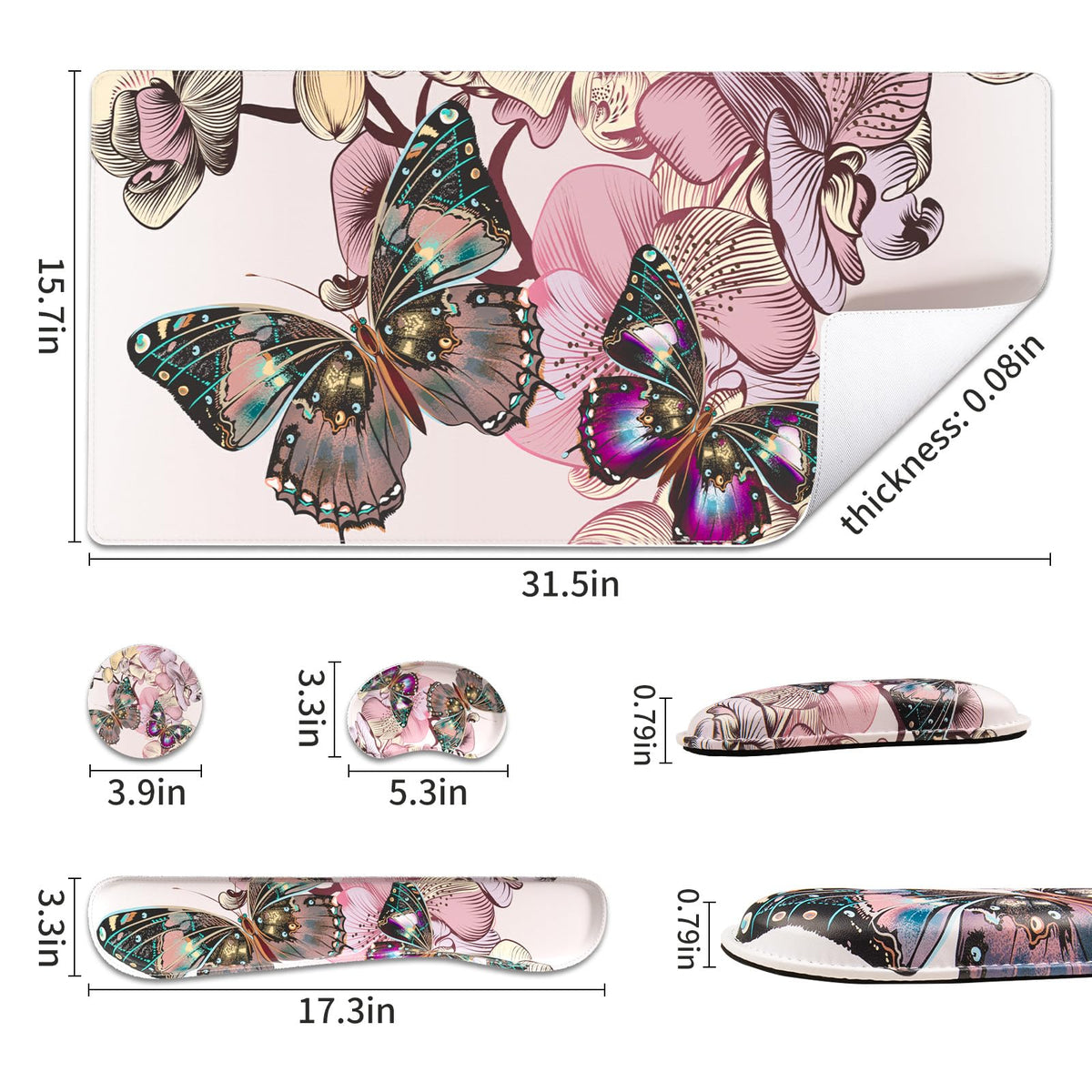 QiyI PU Leather Desk Mat Set, 4-in-1 Ergonomic Wrist Rest, Butterflies
