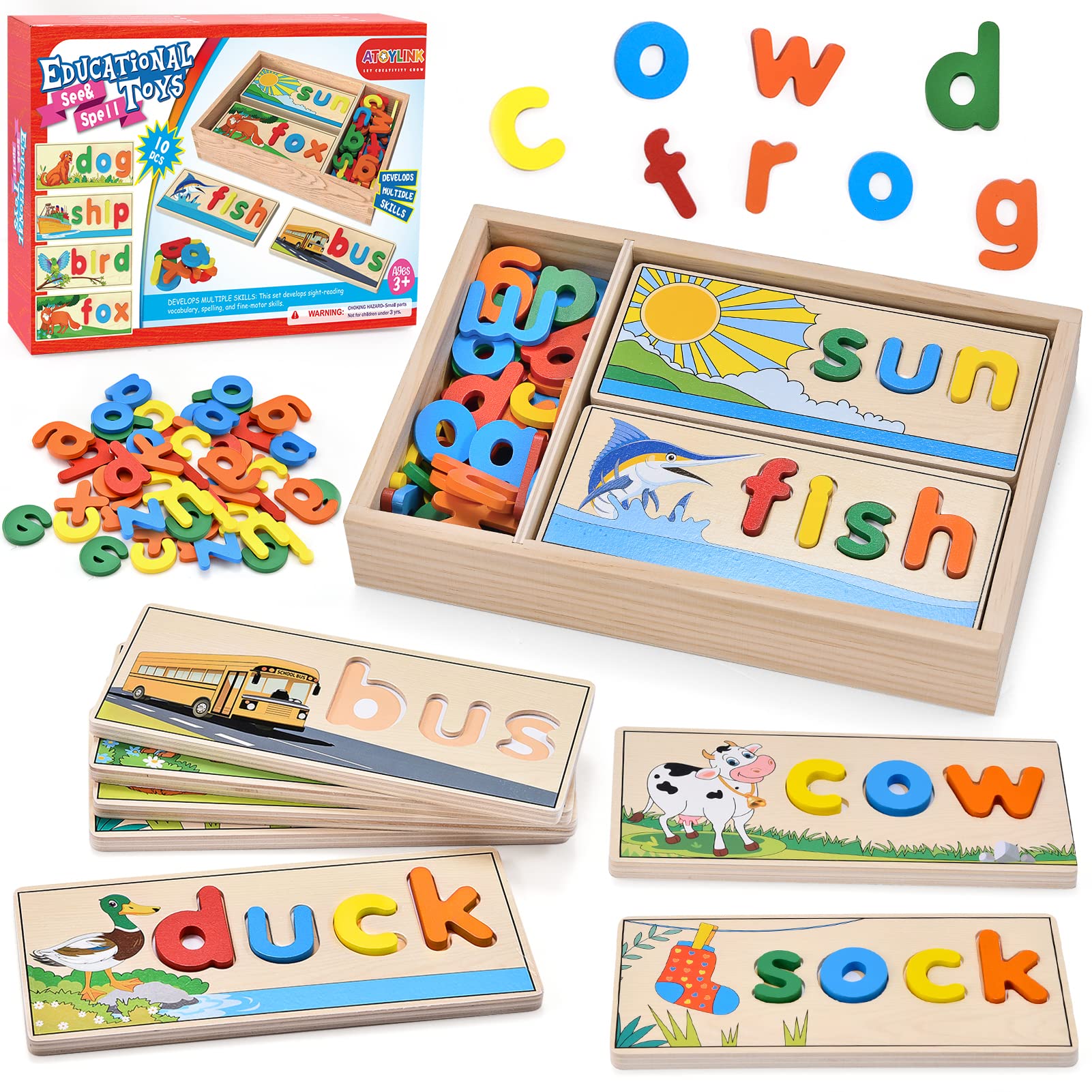 Atoylink Wooden Spell Learning Toys for 2 3 4 5 Year Old Kids Match Letter Spelling Game Board &