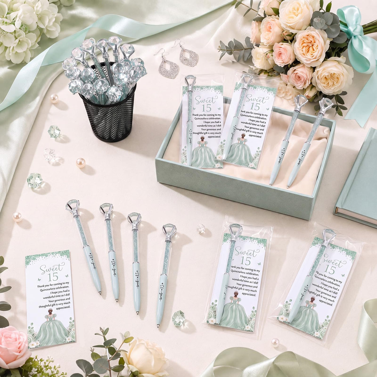 Sayglossy 50 Sets Quinceanera Party Favors Sweet Thank You Gifts Diamond Pens with Thank You Cards