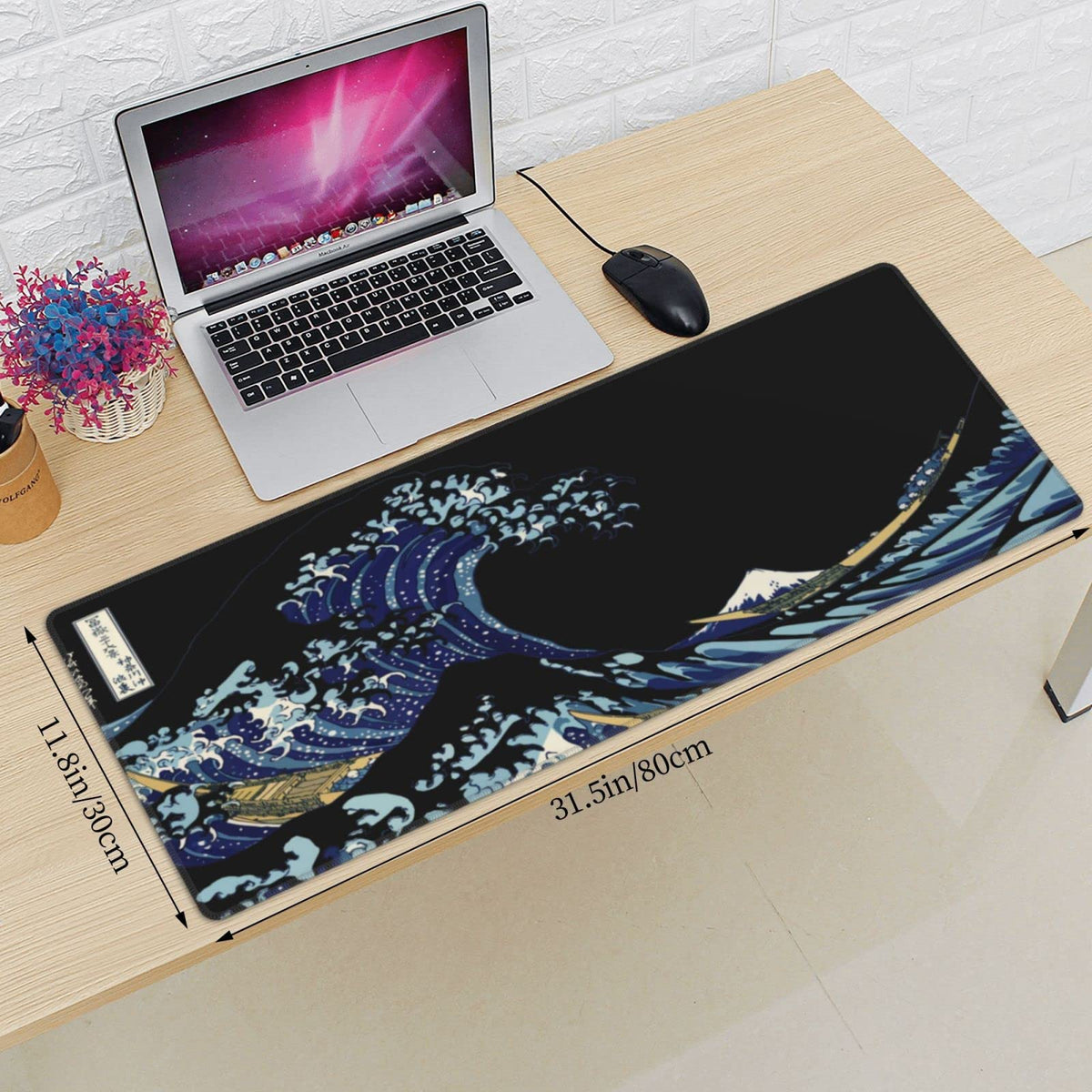 Japan Sea Great Wave Black XXL XL Large Gaming Mouse Pad for Desk, Non-Slip Long Extended Keyboard