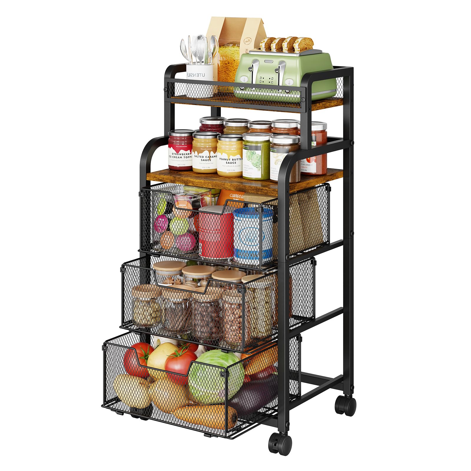 Yociyoga Fruit Vegetable Storage Cart, Kitchen Rolling Cart with Wheels, 4 Tier Pantry Organizer