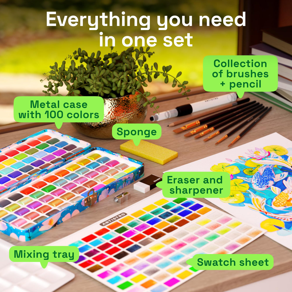 ARTISTRO Watercolor Paint Set with Palette & Brush Pens - 100 Colors