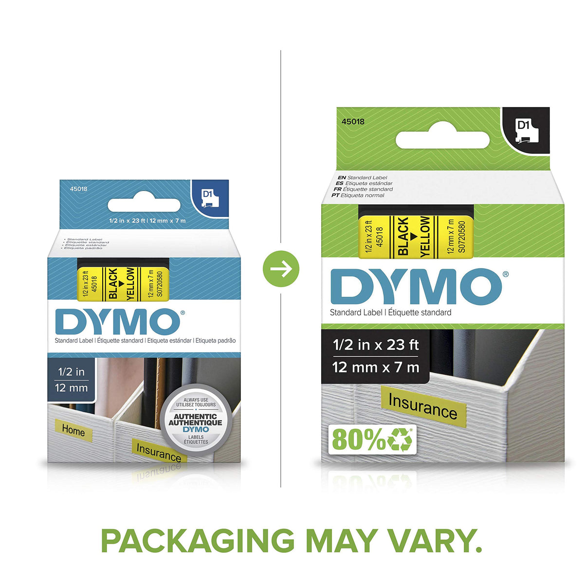 DYMO D1 Standard 45018 Label Maker Tape, 1/2" x 23', Black on Yellow (45018)