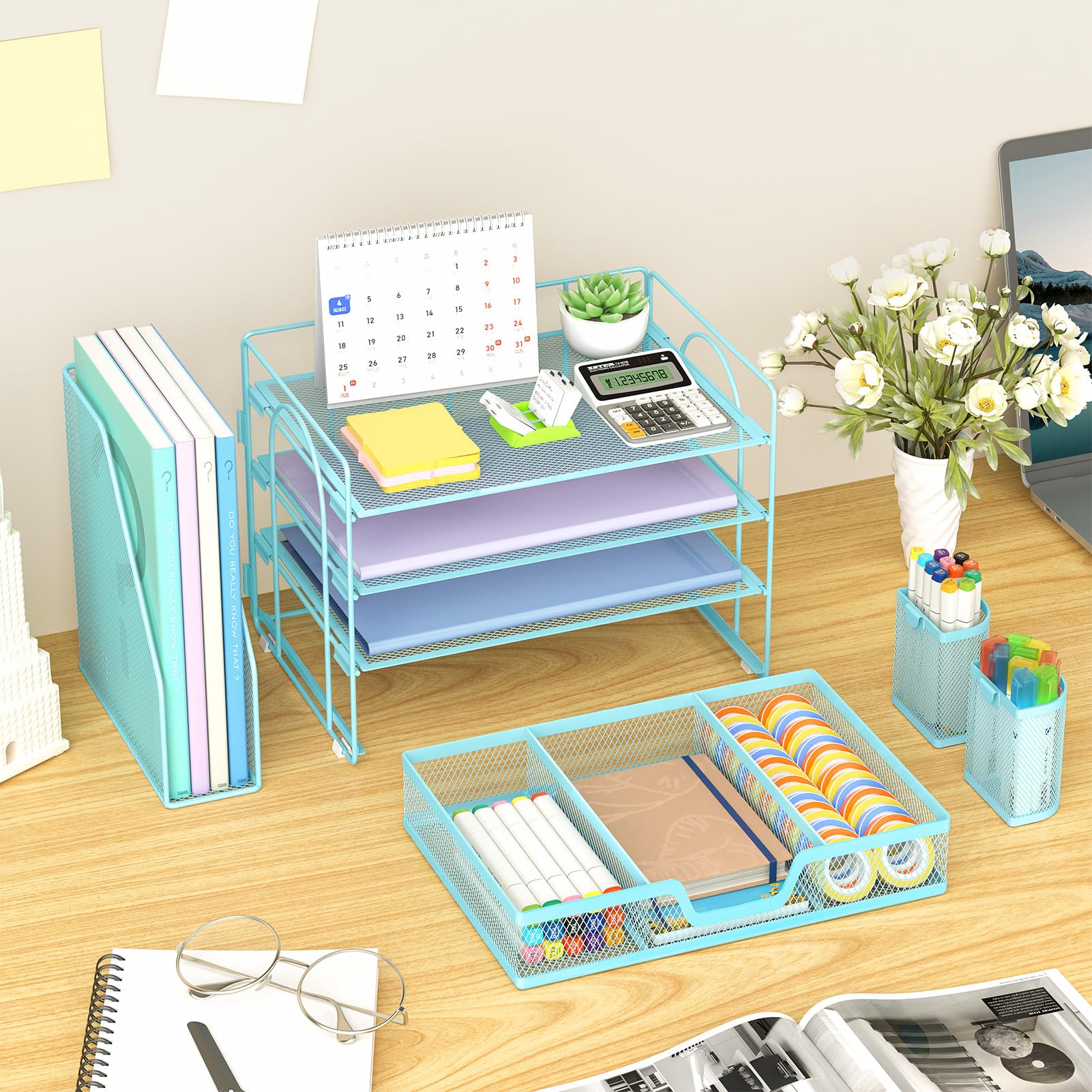 Marbrasse 4-Tier Paper Tray Organizer with Drawer and Pen Holder, Blue