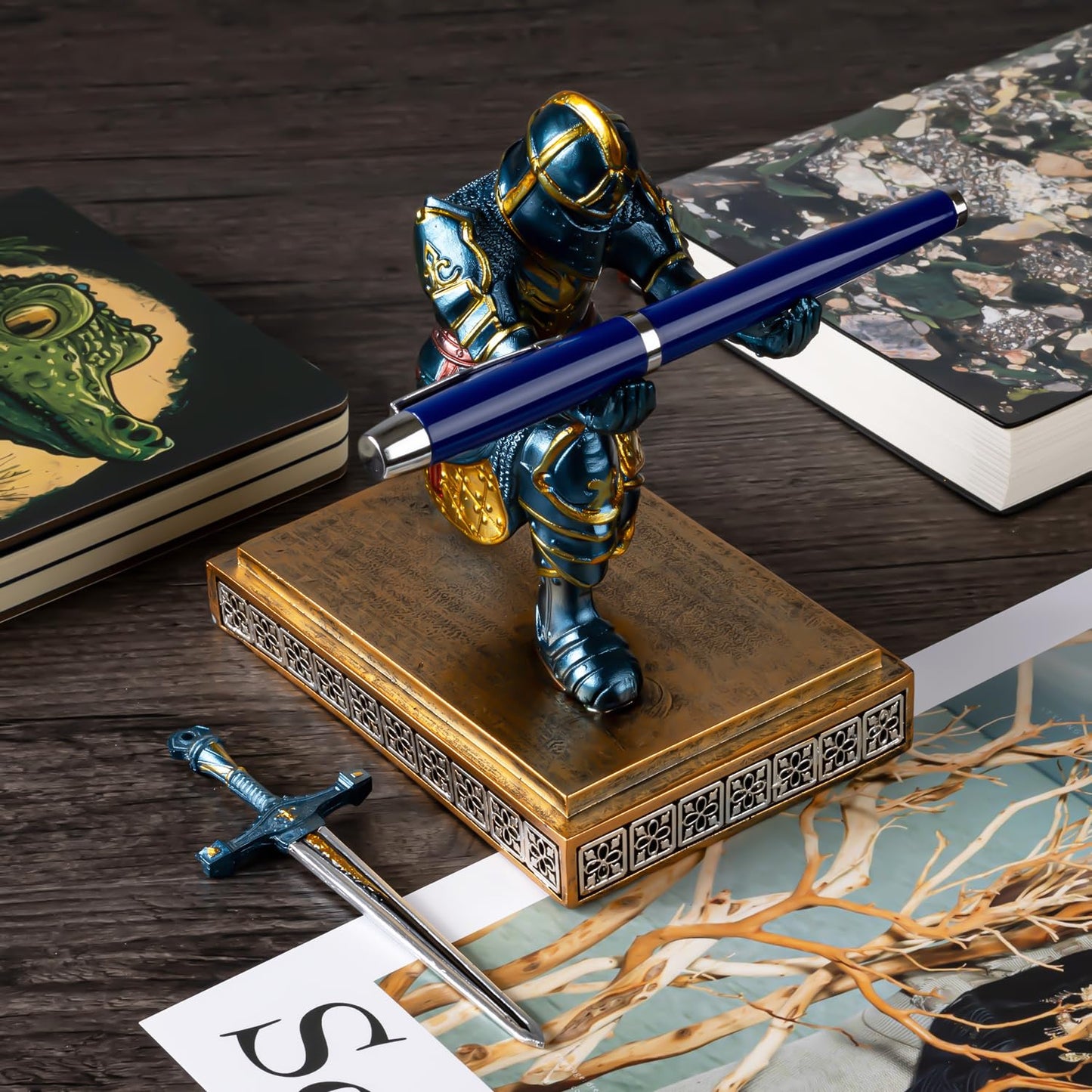MACLARONX Kneeling Knight Pen Holder with Sword Medieval Warrior Fancy Pencil Stand for Office Desk