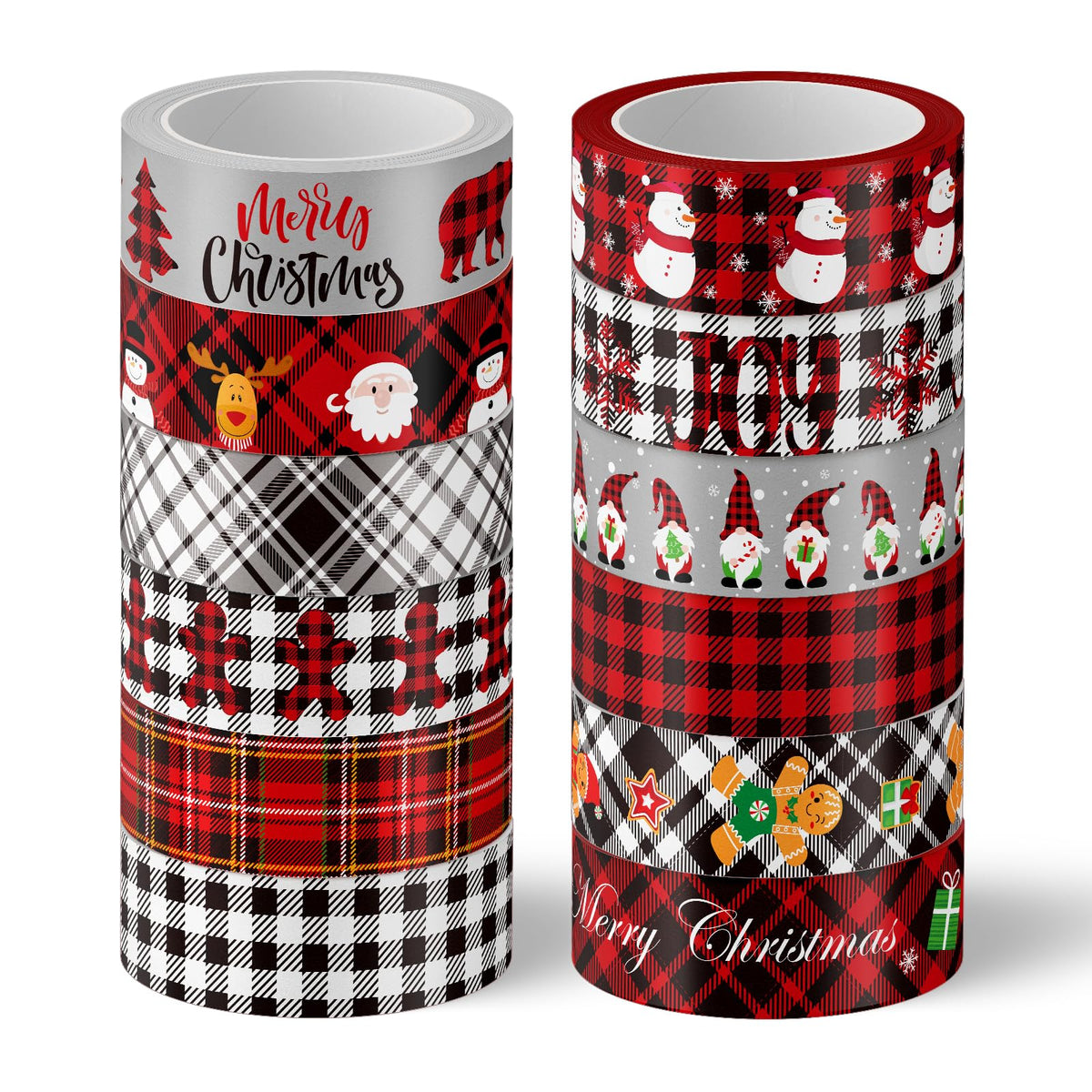 Whaline 12 Rolls Merry Christmas Washi Tape Black Red Plaid Washi Masking Tape Gnome Snowman