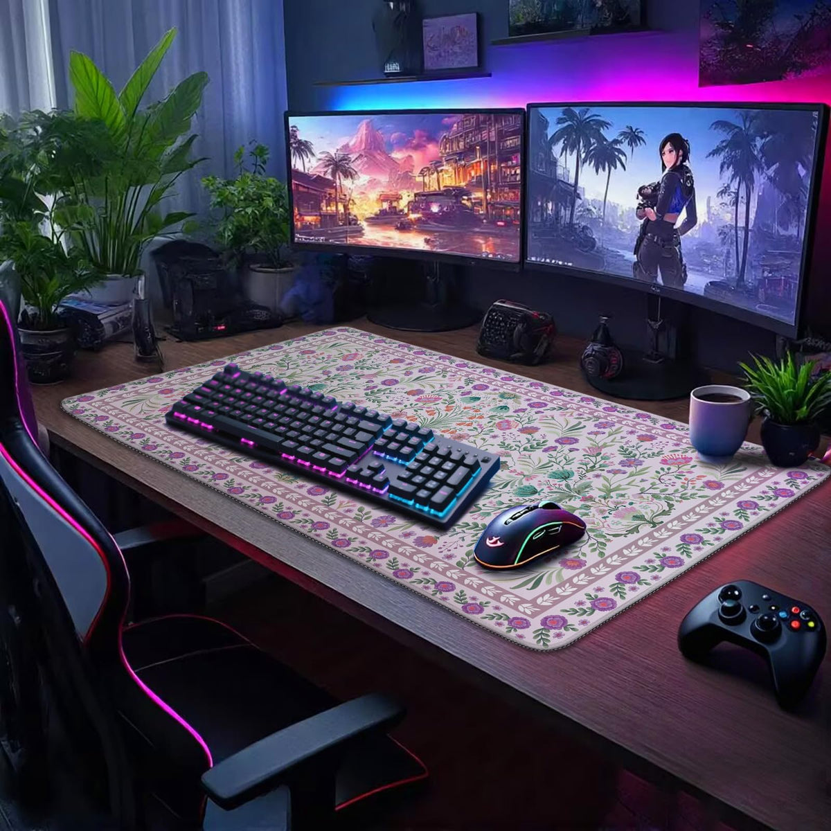 Mcapirivo Purple Floral Desk Mat Large Mouse Pad 31.5"x15.7" Anti-Slip