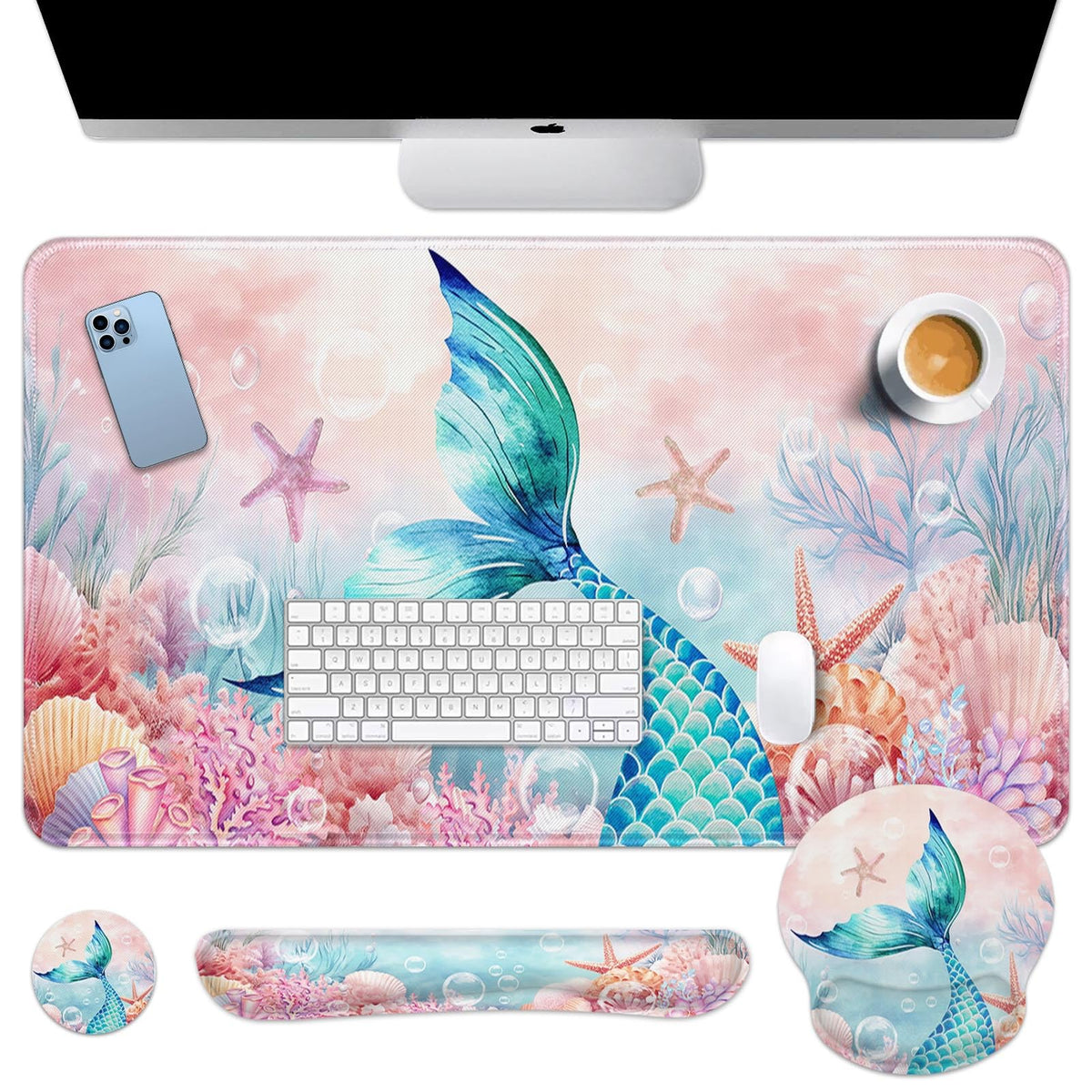 Britimes Keyboard Mouse Pad Set, 4 in 1 Desk Mat Set, Mermaid Pink Cute