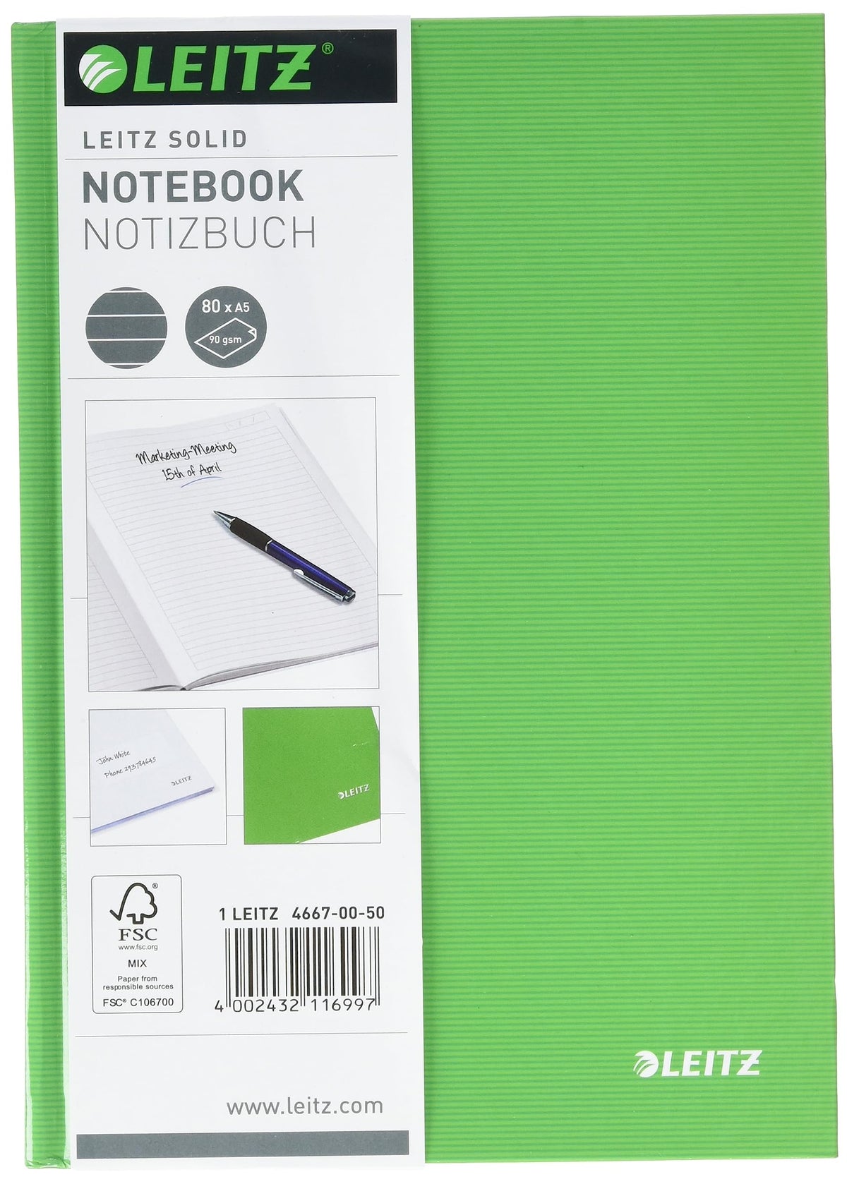 Leitz A5 Hard Covered Notebook, Ruled, 90 GSM Ivory Paper, Solid Range, Light Green, 80 Sheets