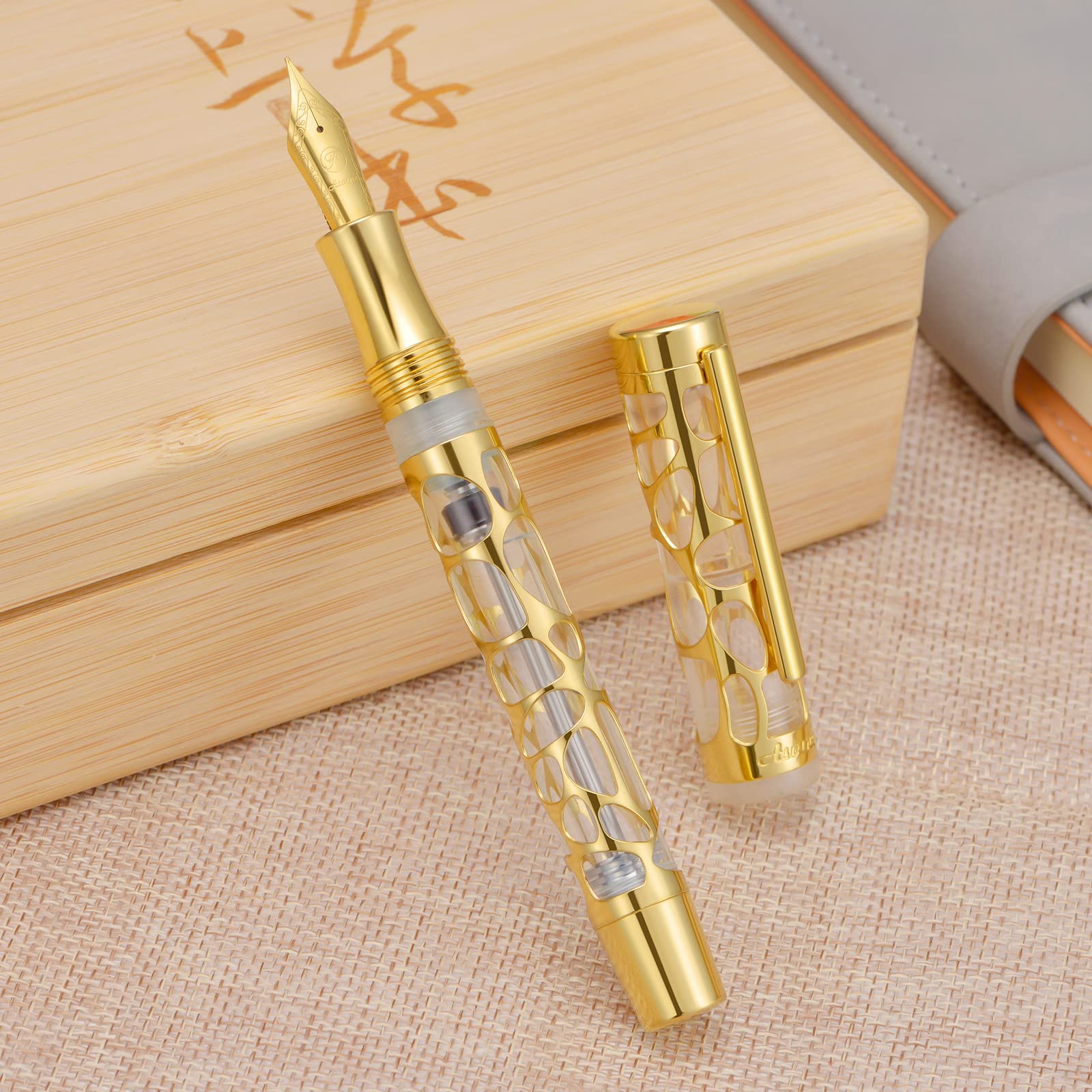 Asvine V169 Vacuum Filling Fountain Pen Extra Fine Nib, Water Drop Skeleton Overlay Gold Trim