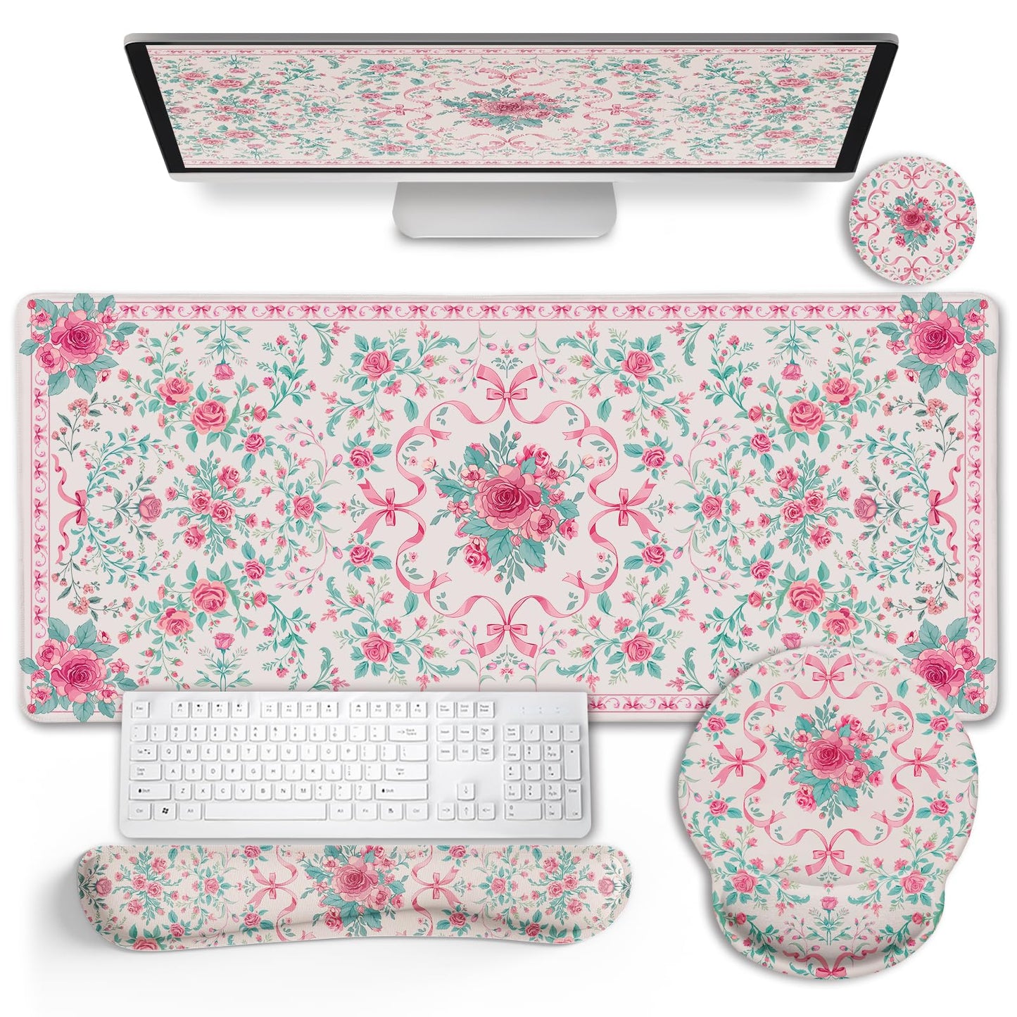 LIMKRIAN Pink Floral Desk Mat, Ergonomic Mouse Pad Set with Wrist Rest