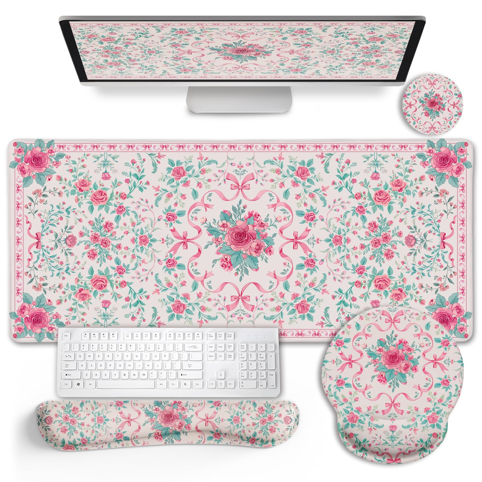 LIMKRIAN Pink Floral Desk Mat, Ergonomic Mouse Pad Set with Wrist Rest