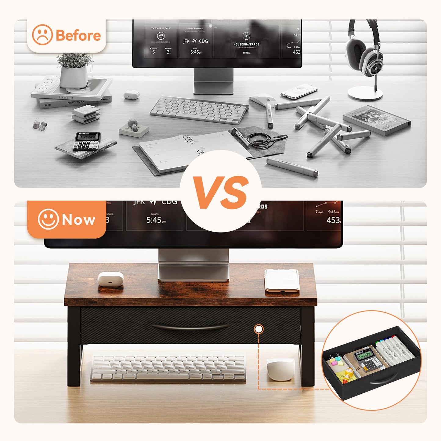 HEWORLIF Computer Monitor Stand Riser with Drawer, 2-Tier Desk Accessories & Workspace Organizers