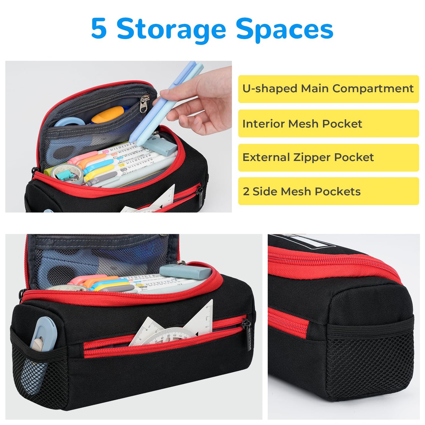 ECHSRT Large Pencil Case Organizer, Big Capacity U-Shaped Pen Pouch, Black