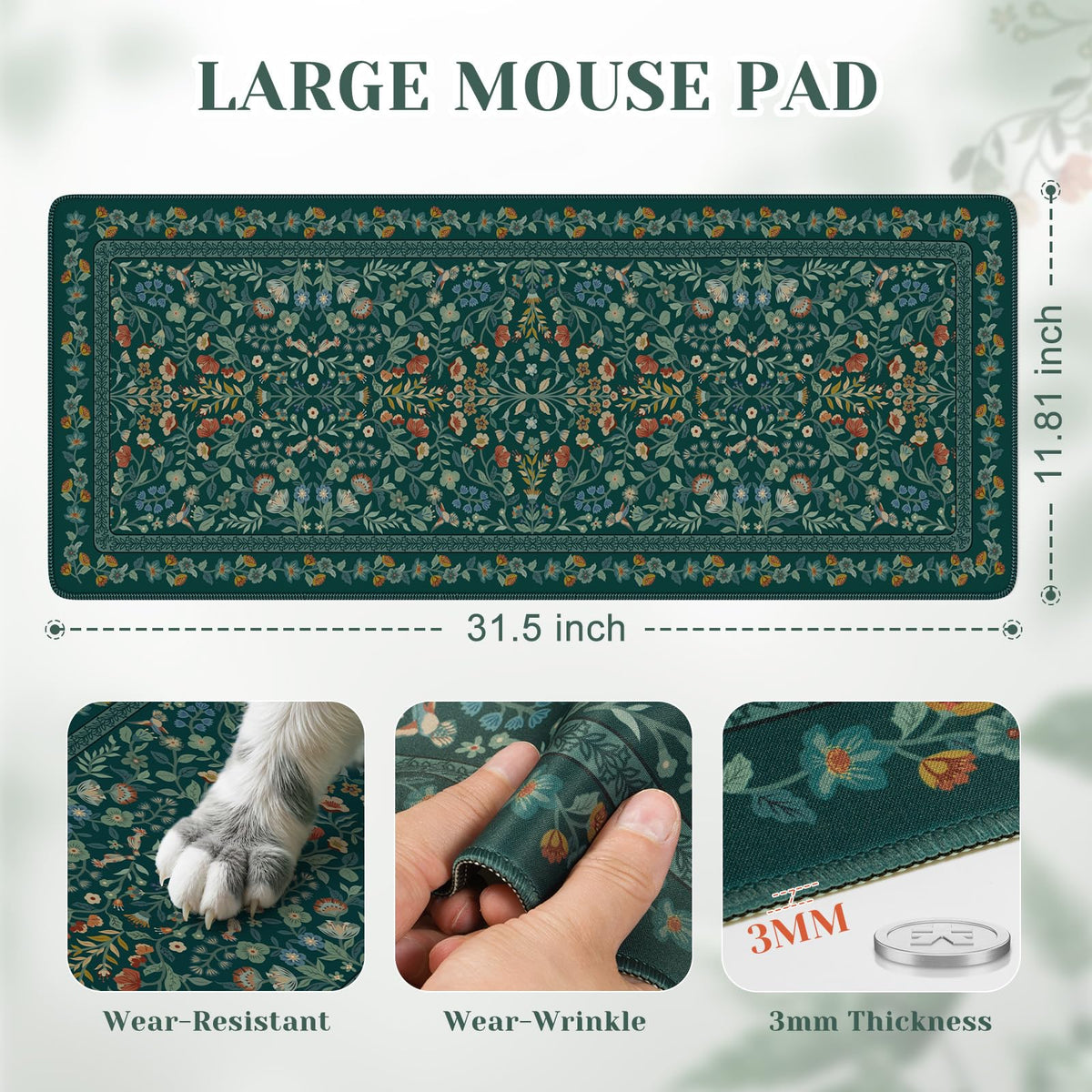 iCasso Aesthetic Floral Desk Mat,Retro Mouse Pads,31.5x11.8in,Deep Green