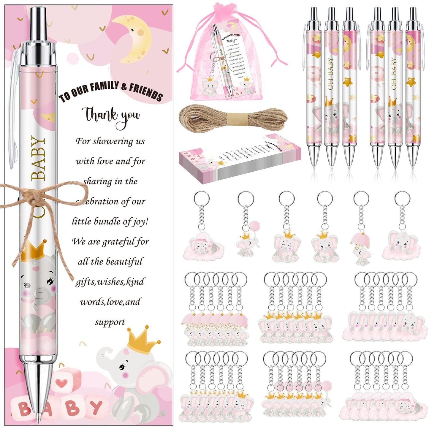 EYNDYN 145 Pieces Baby Shower Favors for Guest Pink Elephant Ballpoint Pens and Keychains Gifts for