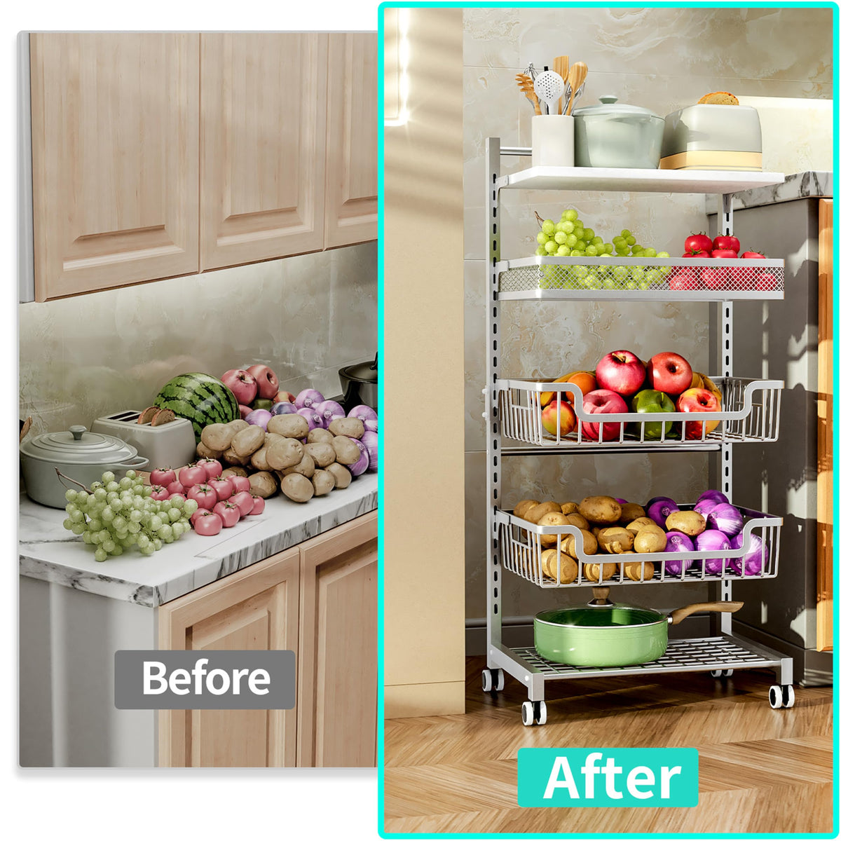 HapiRm Fruit Basket Kitchen Cart - 5 Tier Adjustable Vegetable Storage Rack, Large Capacity Rolling
