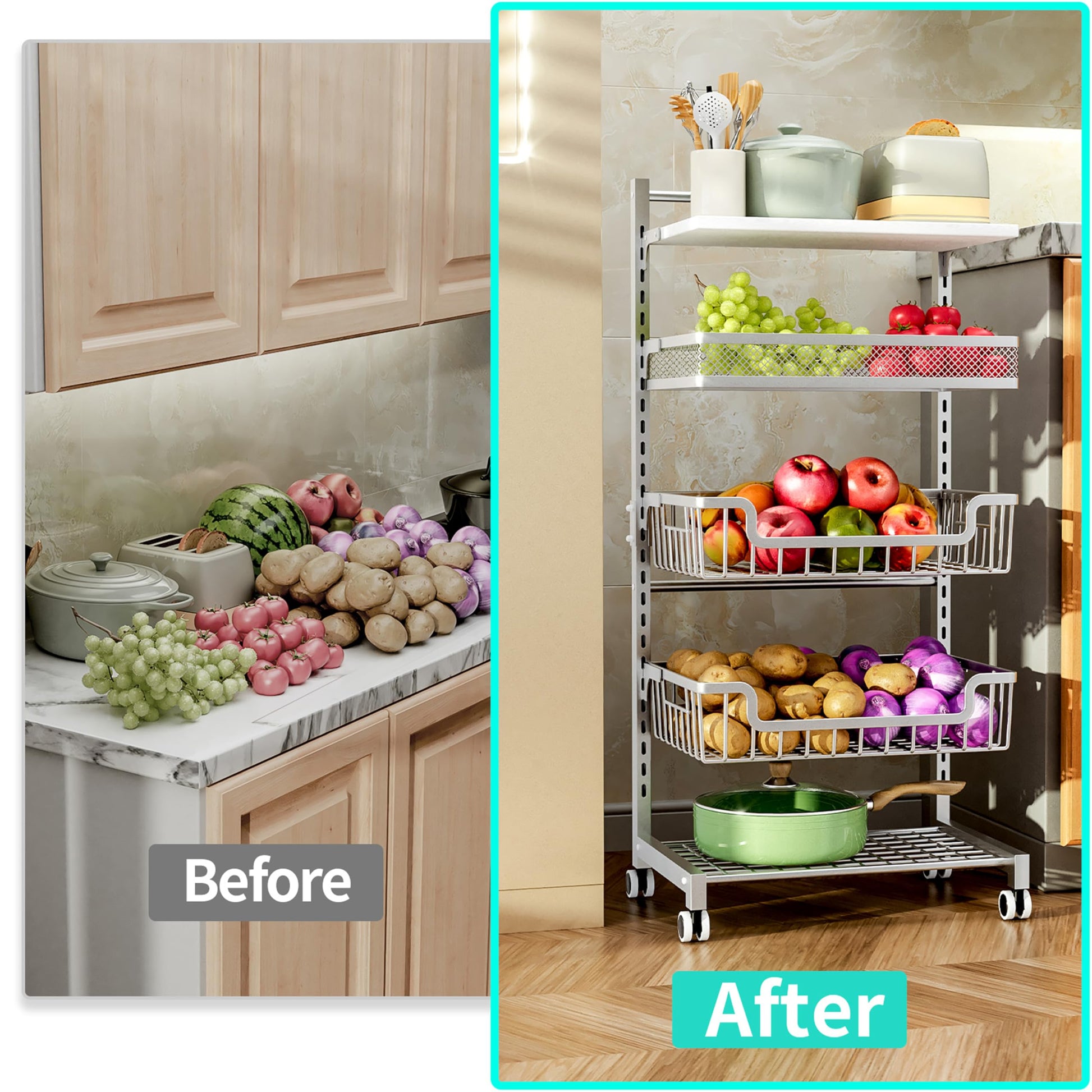 HapiRm Fruit Basket Kitchen Cart - 5 Tier Adjustable Vegetable Storage Rack, Large Capacity Rolling