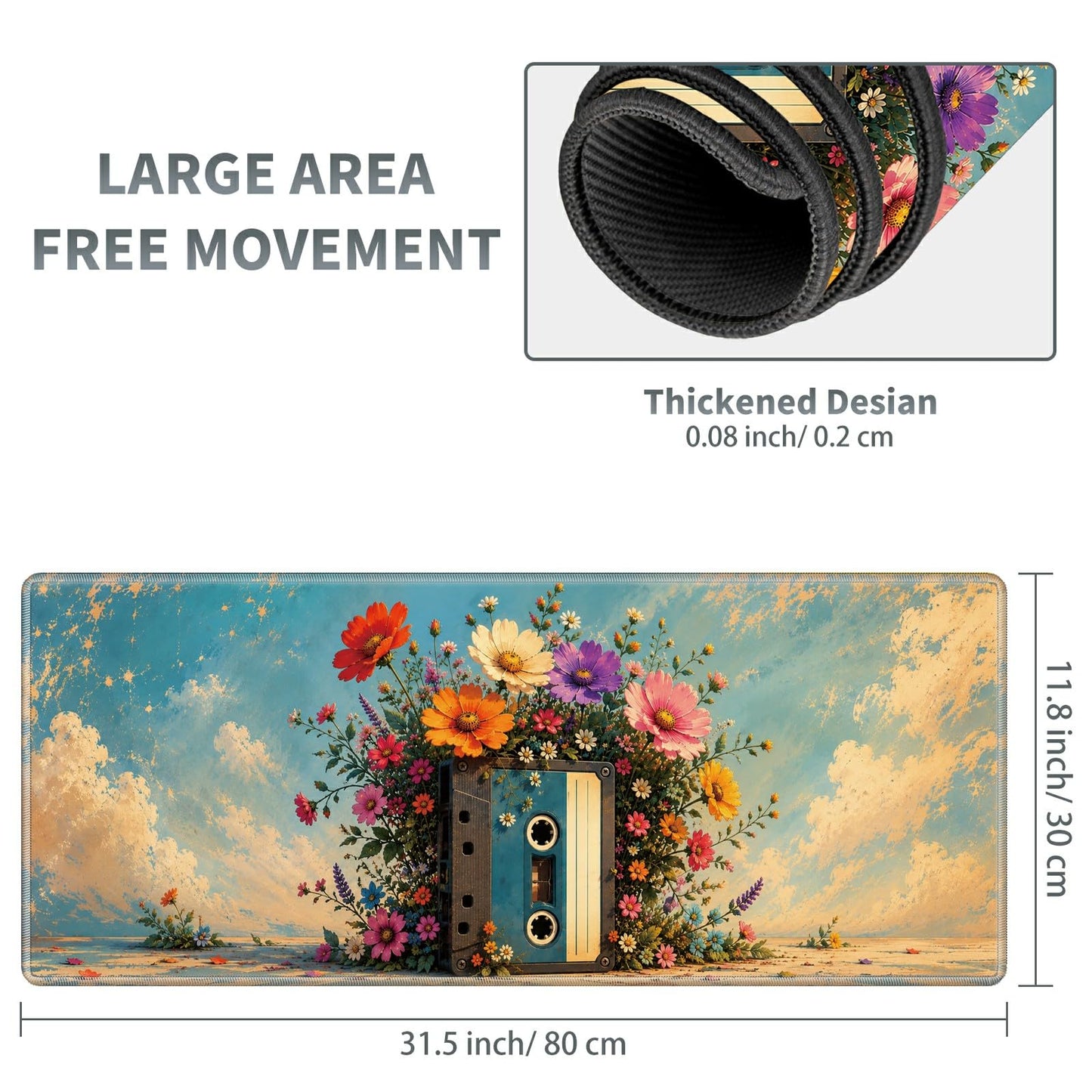 Floral Cassette Bloom Large Mouse Pad, 31.5 x 11.8 in Extended Desk Mat