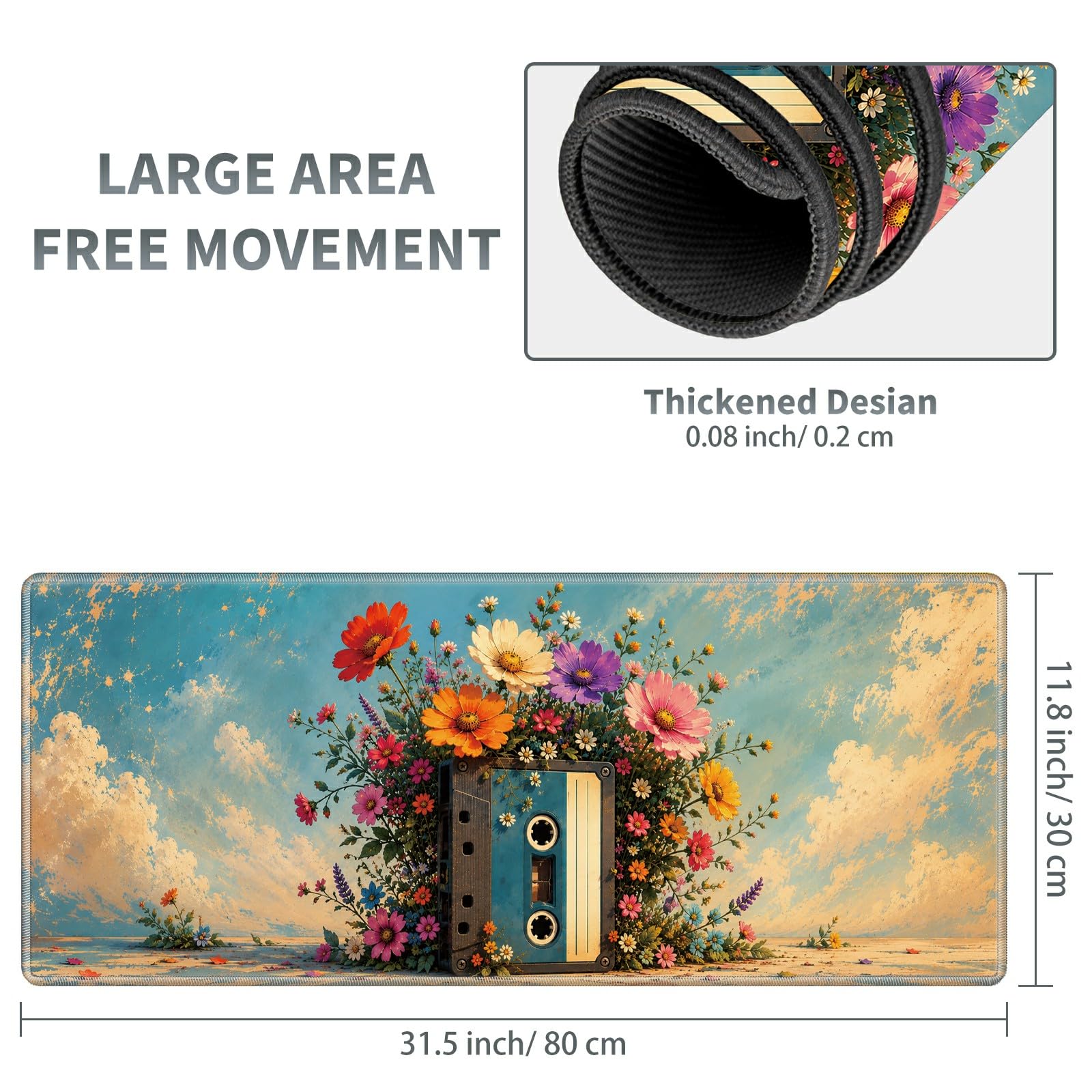 Floral Cassette Bloom Large Mouse Pad, 31.5 x 11.8 in Extended Desk Mat
