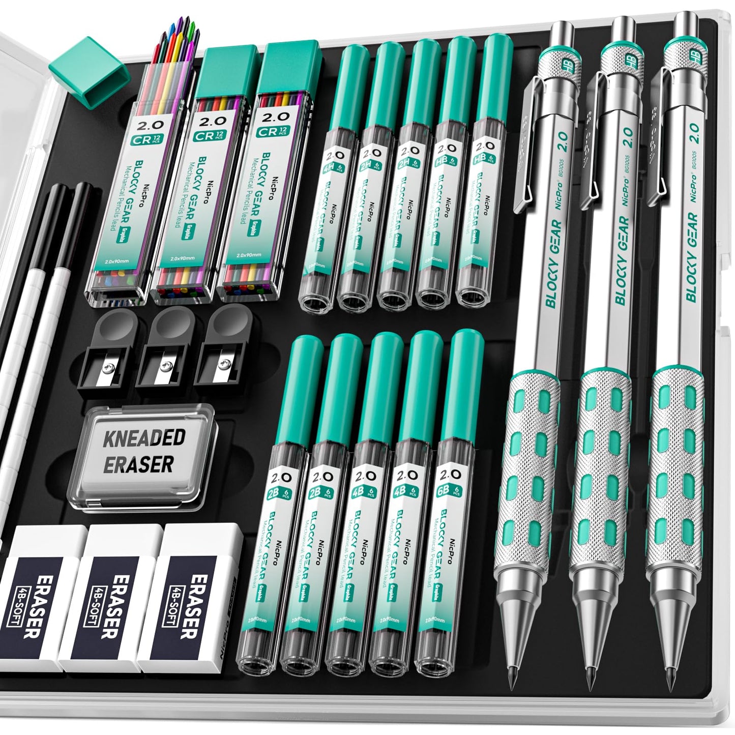Nicpro 3 Pack Blocky Gear 2.0 mm Metal Mechanical Pencils Set with Case