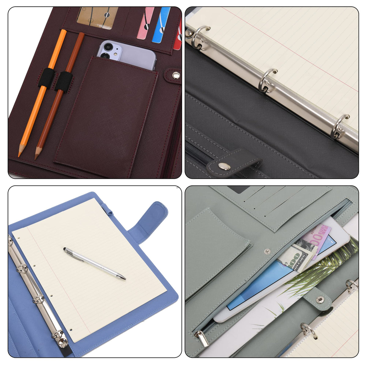 Wonderpool A4 PU Leather 3 & 4 Ring Holder Writing Portfolio Multi Document Case with Removable