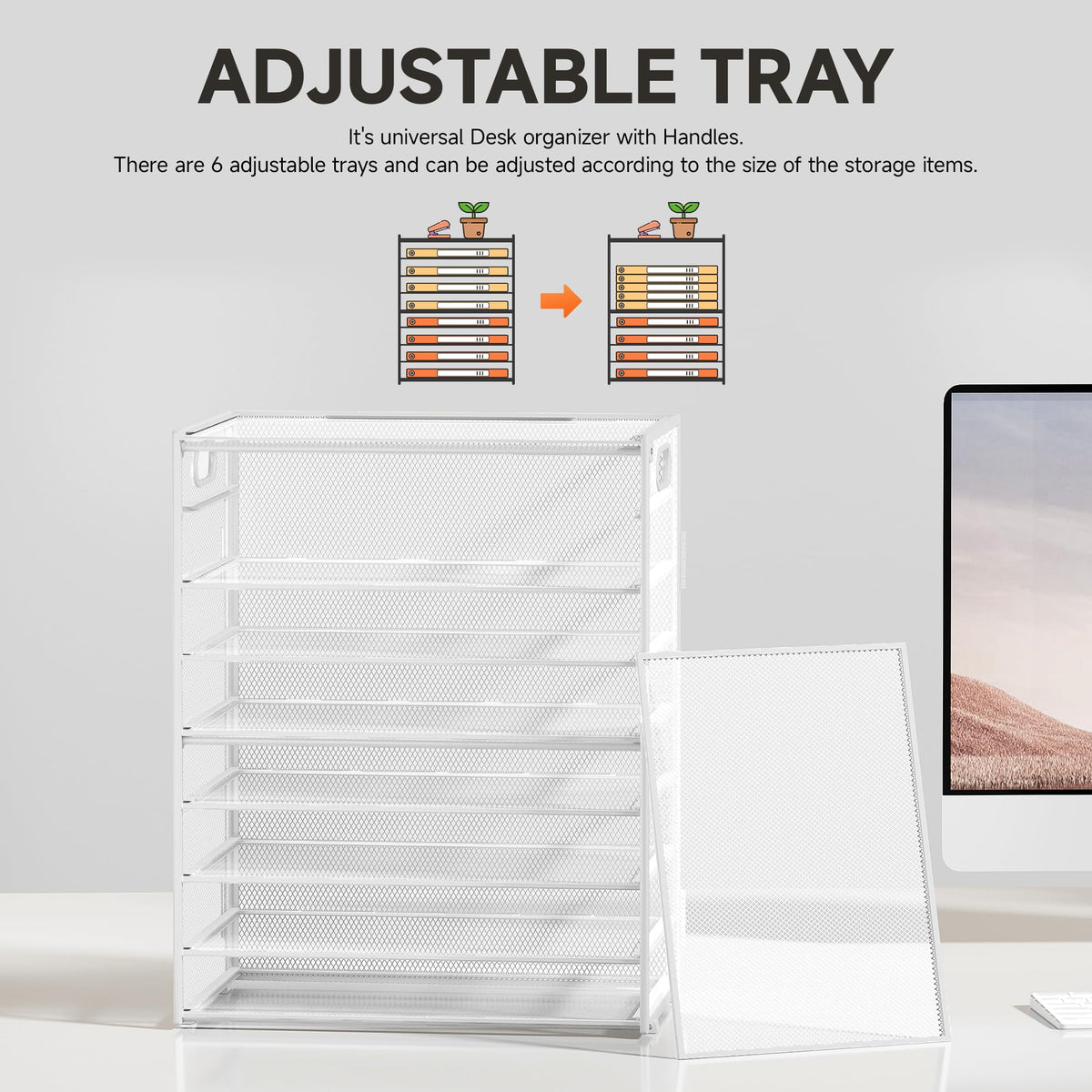 SUBEKYU 9 Tier Paper Letter Tray Desk Organizer with Handles - White Metal Mesh File Holder Paper