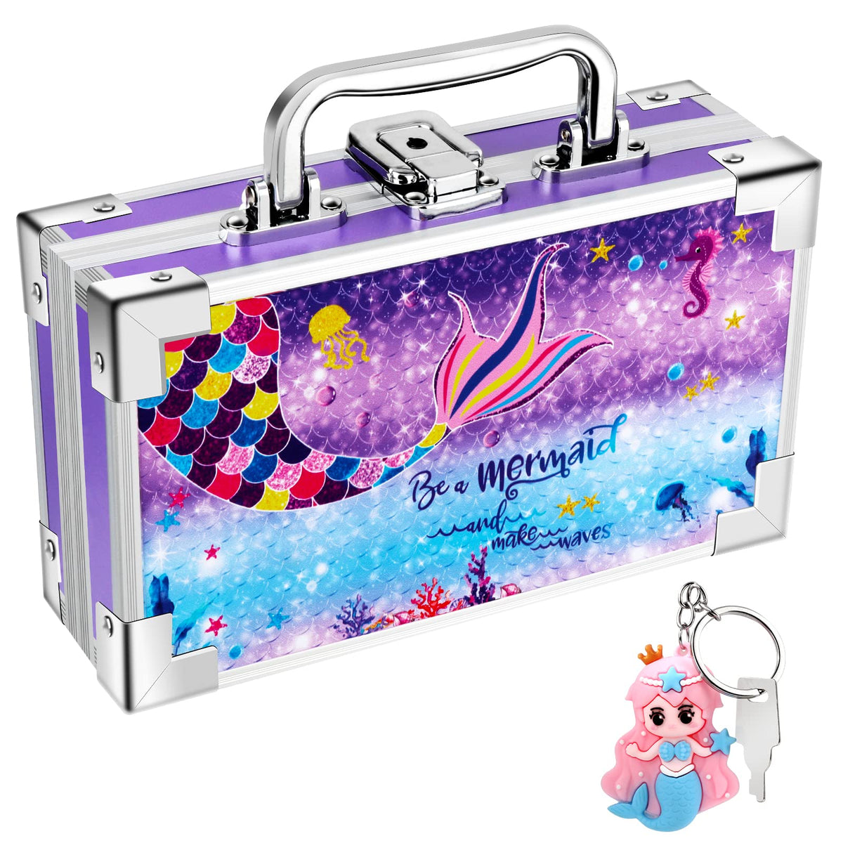 JYPS Mermaid Pencil Case for Kids, Portable Lock Box with Handle and Keychain, Cute Mermaid School