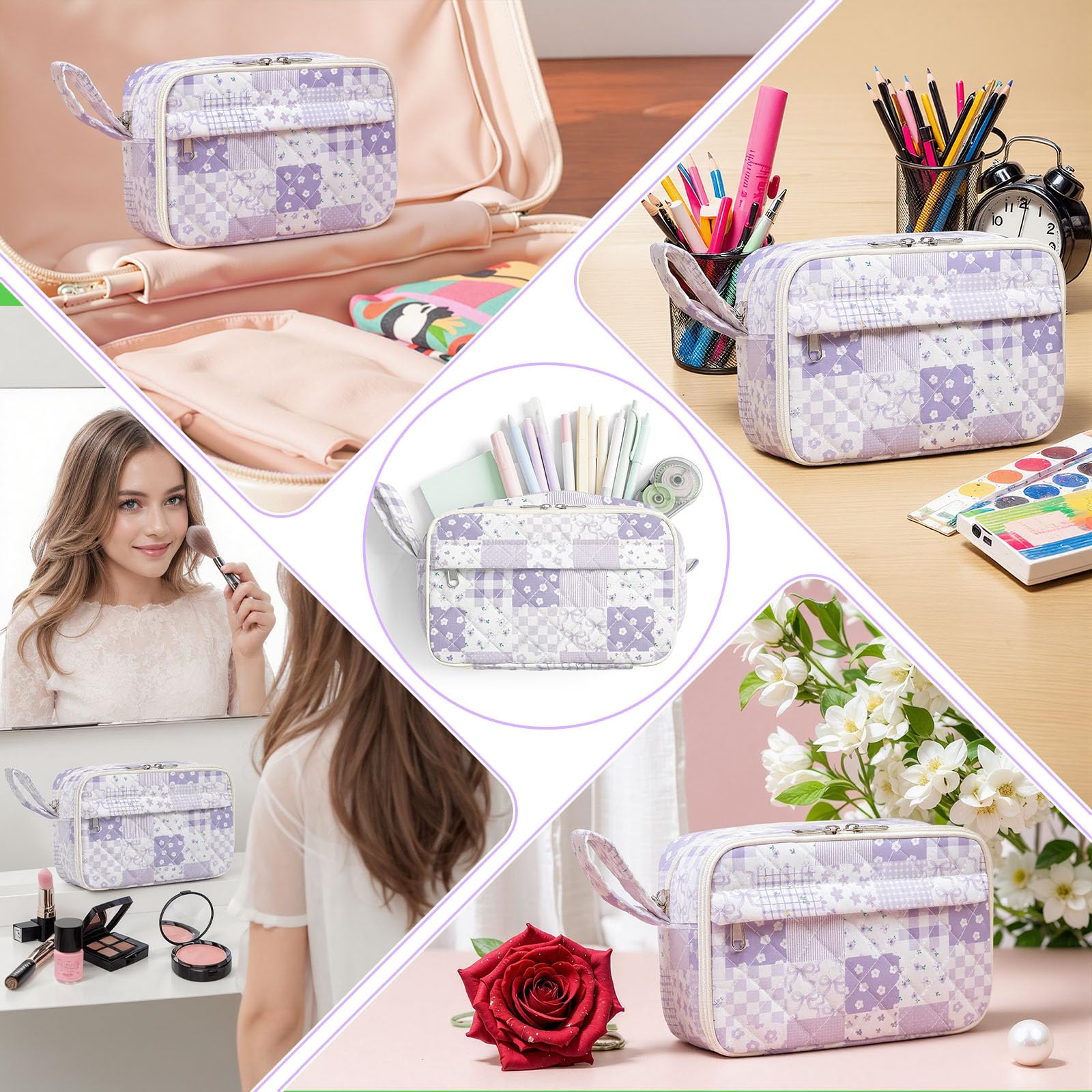 WOBAGMEN Quilted Pencil Pouch for Girls Women, Large Pencil Case Pouch with Compartments Cute