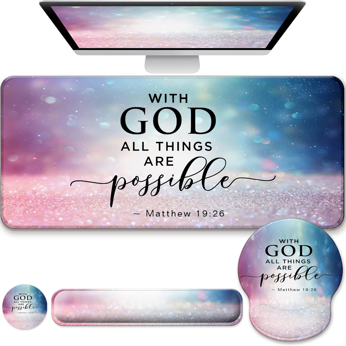 Desk Mat Set + Keyboard and Mouse Pad with Wrist Rest Support,4-in-1 Large Mousepad Computer Mats