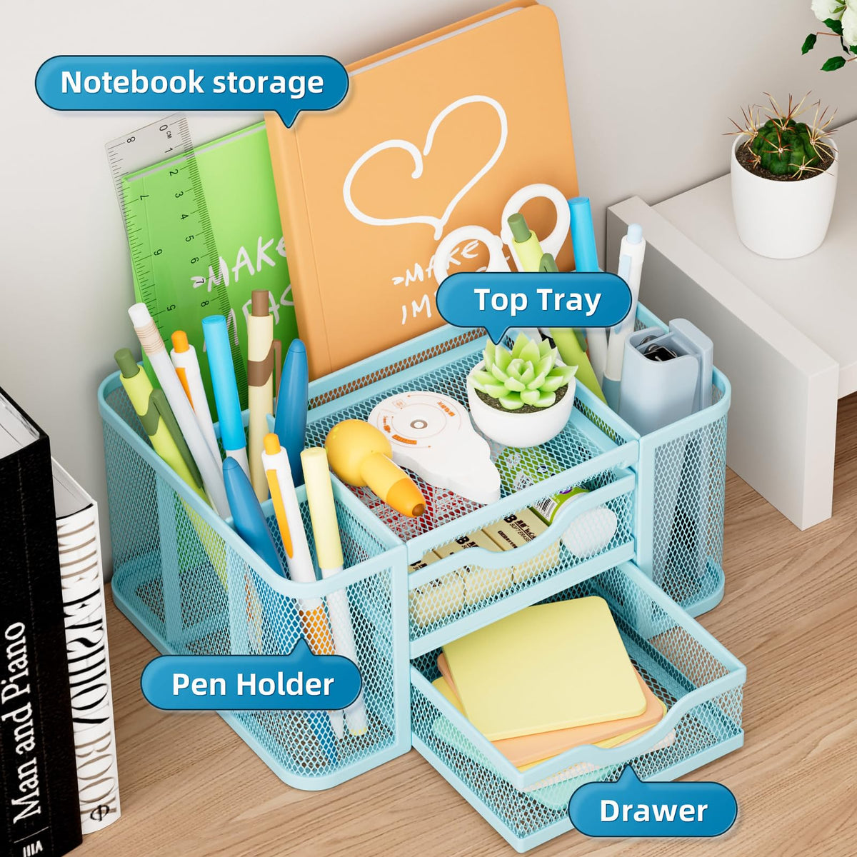 Marbrasse Mesh Desk Organizer, Pen Organizer with 2 Drawer, Multi-Functional Pencil Holder, Desk