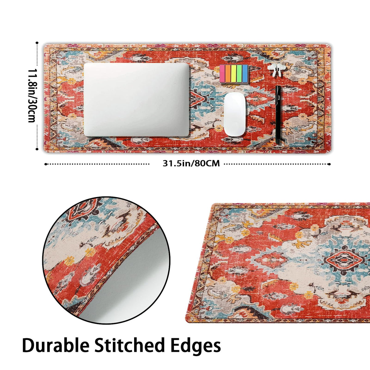 Vintage Rug Mouse Pad XL Red Orange Retro Carpet Aesthetic Extended Table Mat 80X30 cm Non-Slip