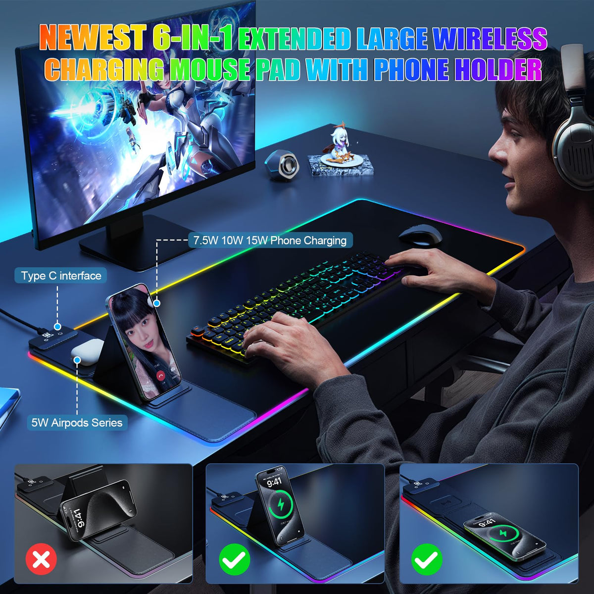 Wireless Charging RGB Mouse Pad with Phone Stand, Large Gaming Desk Mat