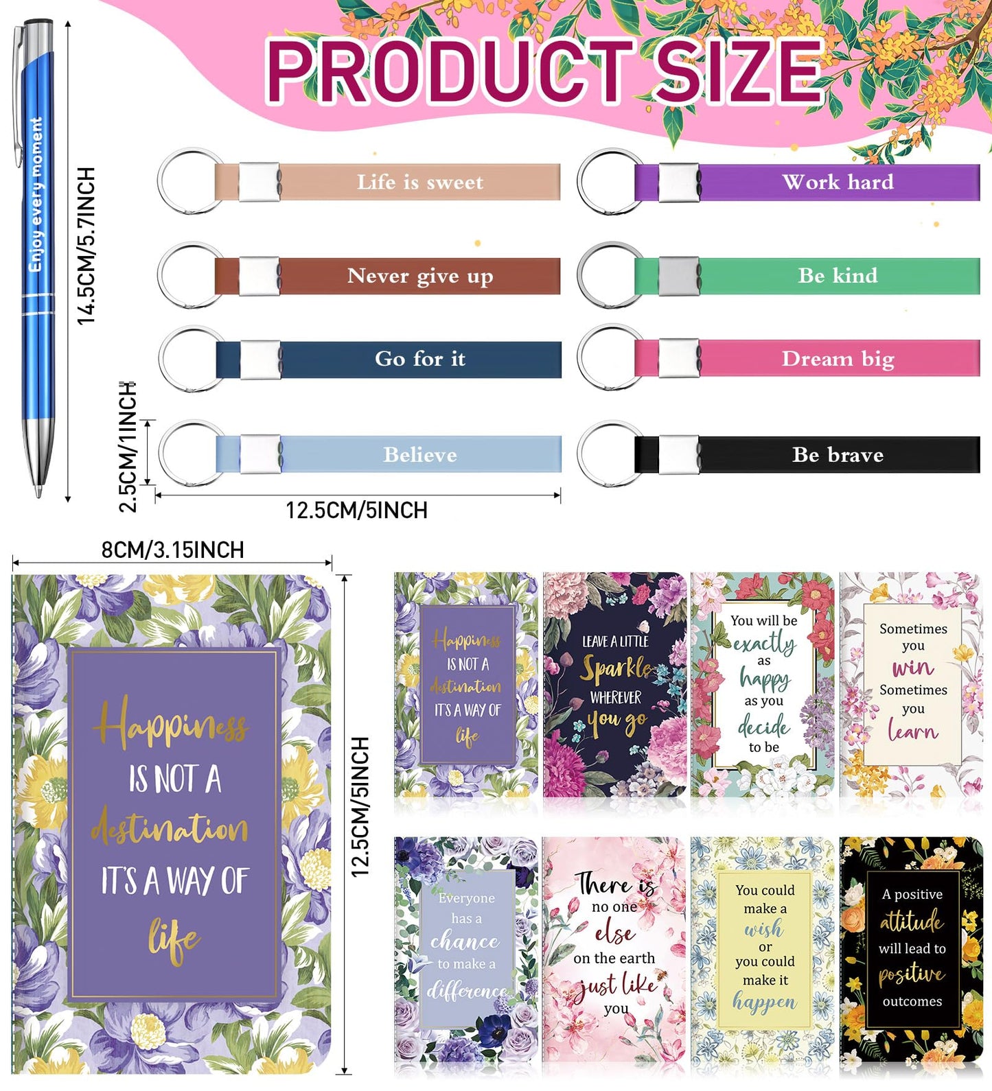 PerKoop 48 Pcs Inspirational Gifts Bulk Motivational Notepads Ballpoint Pens Keychains Set Floral