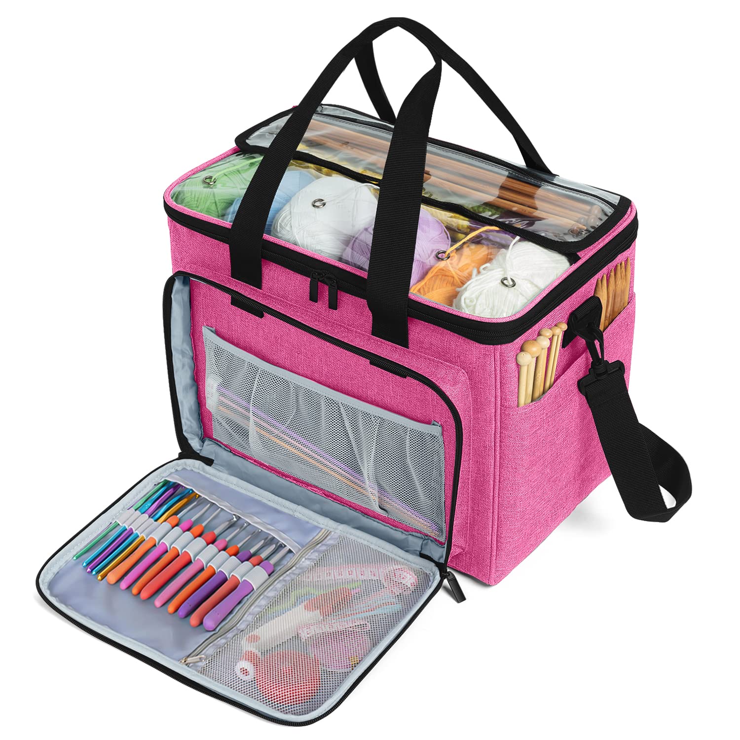 Teamoy Knitting Bag, Yarn Storage Organizer Crochet Bag Tote, Pink